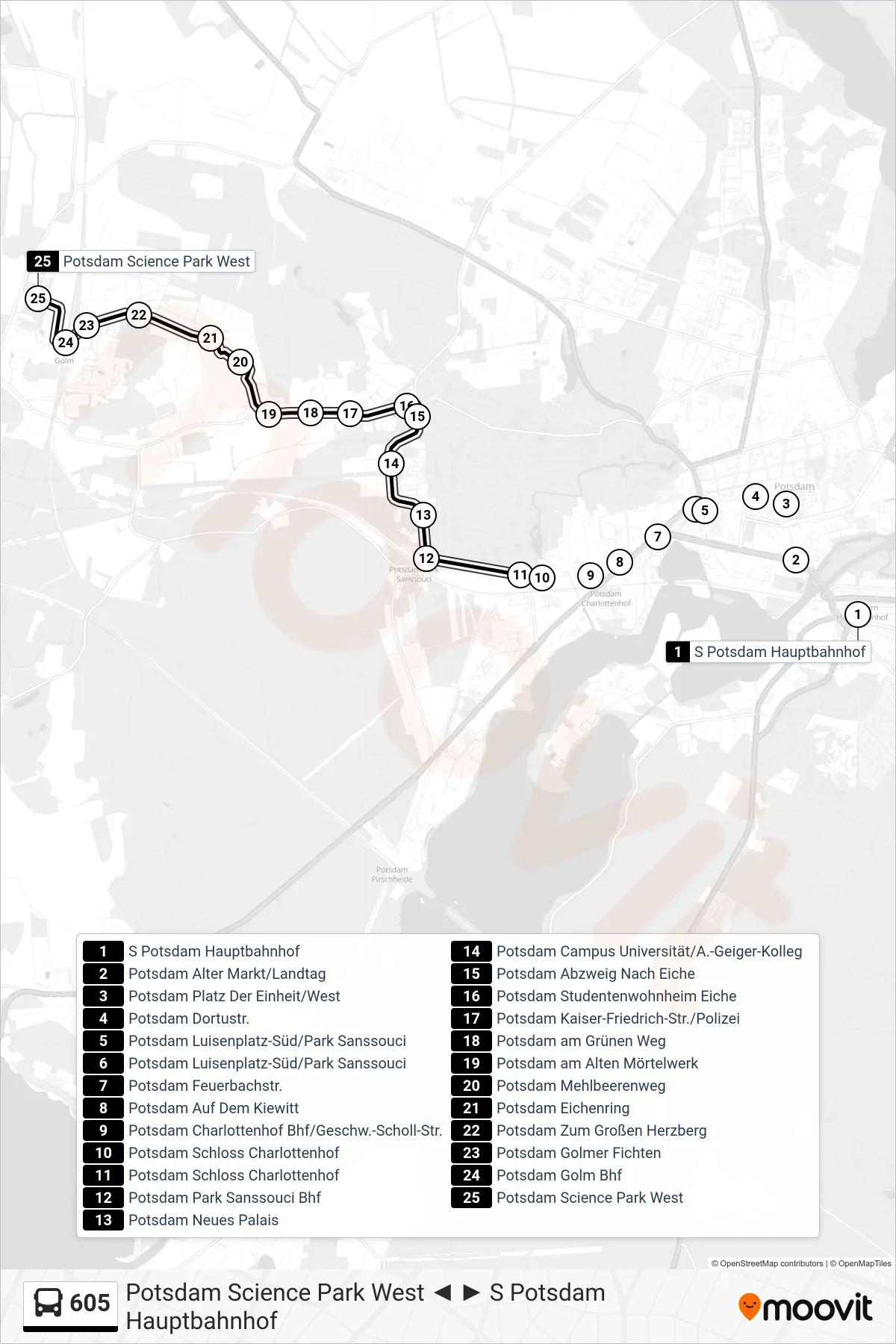 Linie 605 (Bus) Richtung Potsdam Science Park West: Route und Haltestellen auf der Karte