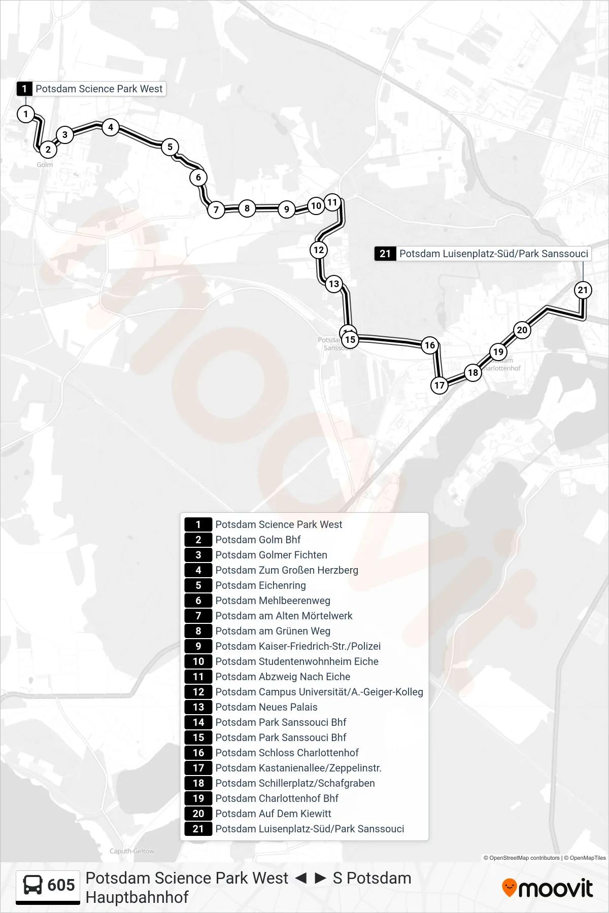605 bus Line (Potsdam Luisenplatz-Süd/Park Sanssouci) route and stops on a map