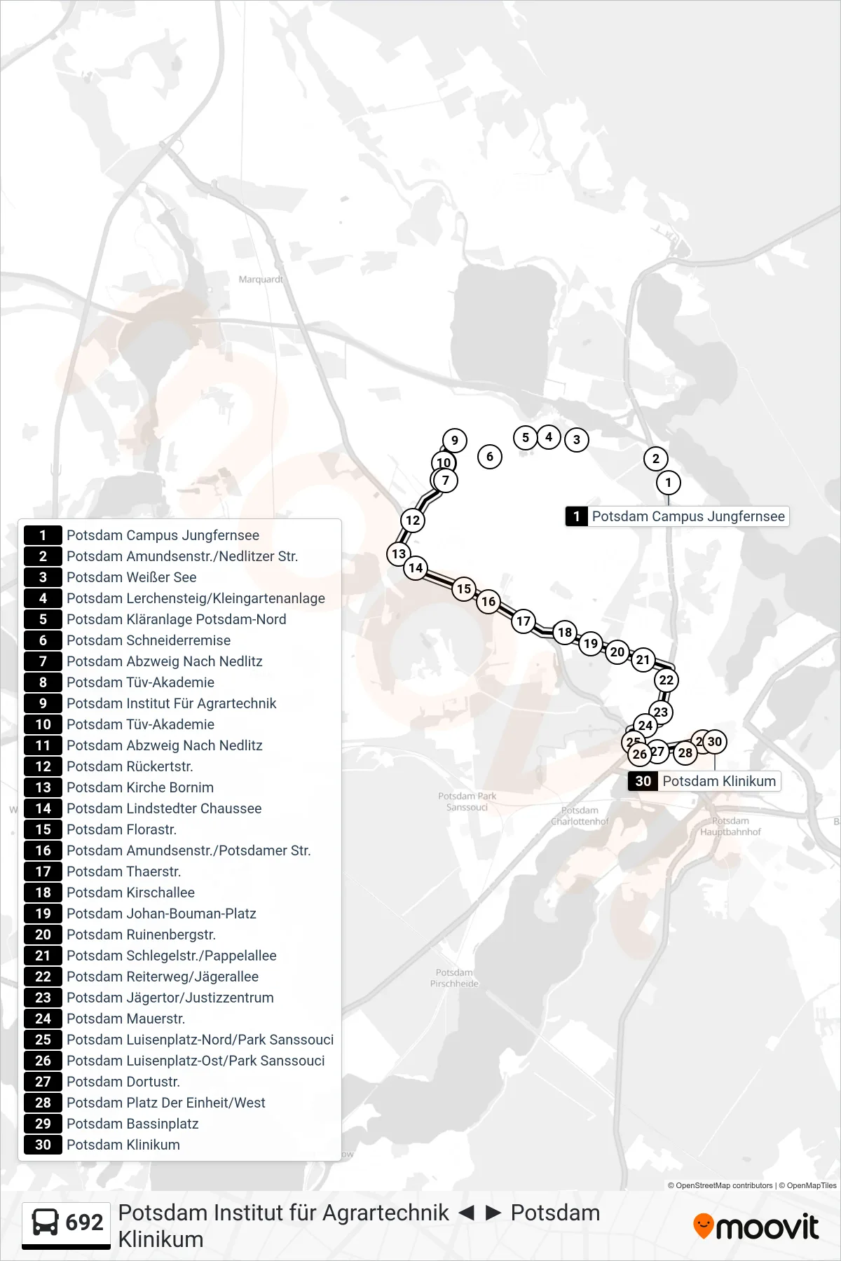 Linie 692 (Bus) Richtung Potsdam Klinikum: Route und Haltestellen auf der Karte