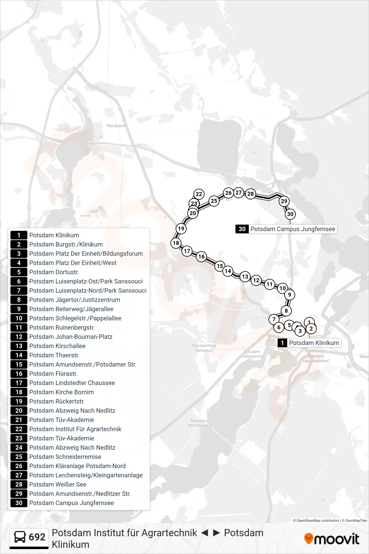 Linie 692 (Bus) Richtung Potsdam Campus Jungfernsee: Route und Haltestellen auf der Karte