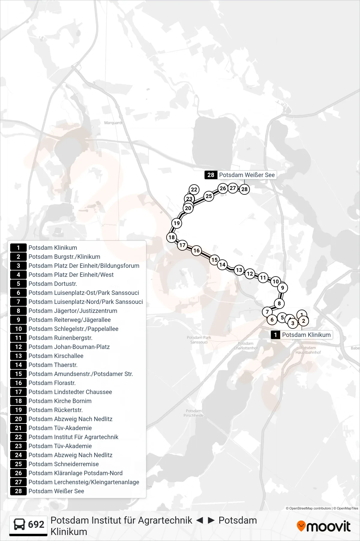 Linie 692 (Bus) Richtung Potsdam Weißer See: Route und Haltestellen auf der Karte