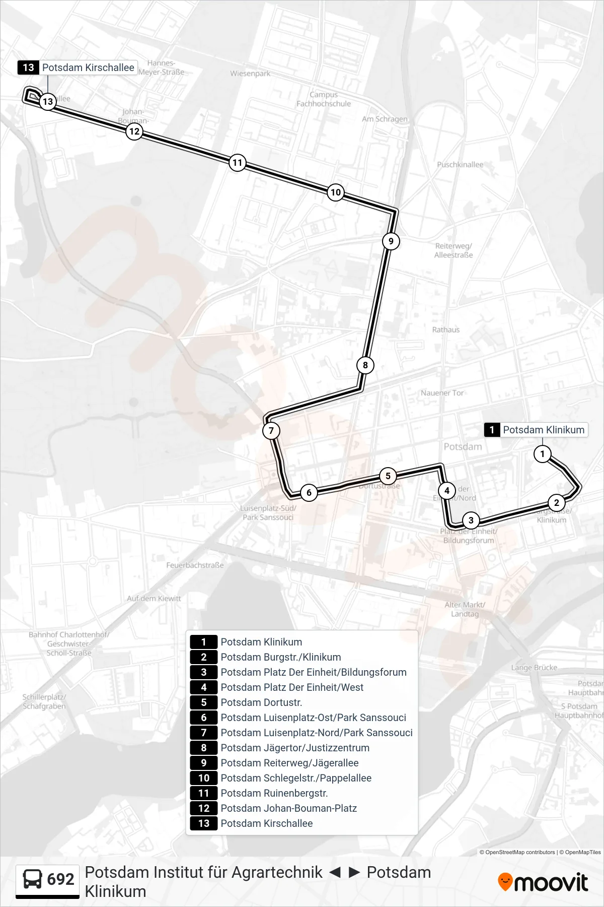 692 bus Line (Potsdam Kirschallee) route and stops on a map