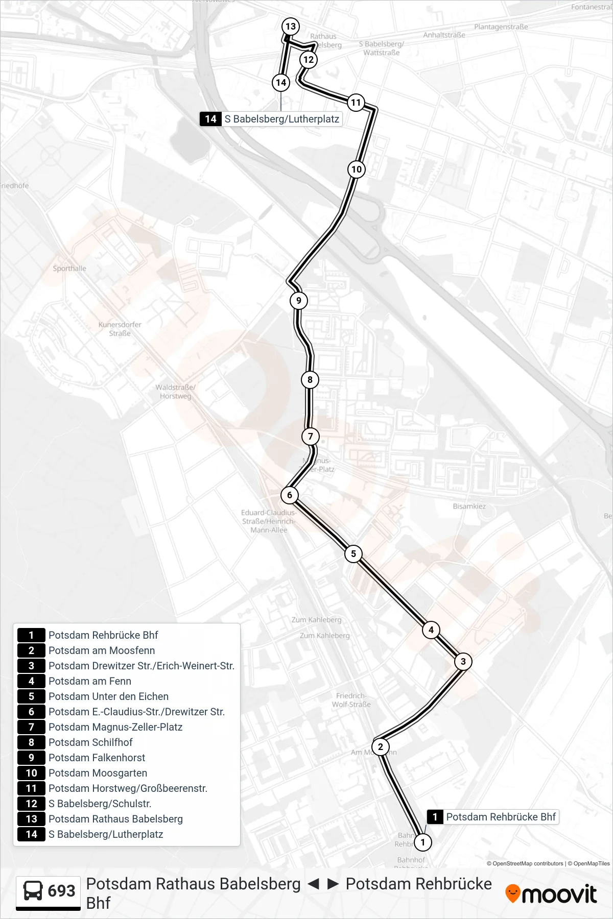 693 bus Line (S Babelsberg/Lutherplatz) route and stops on a map