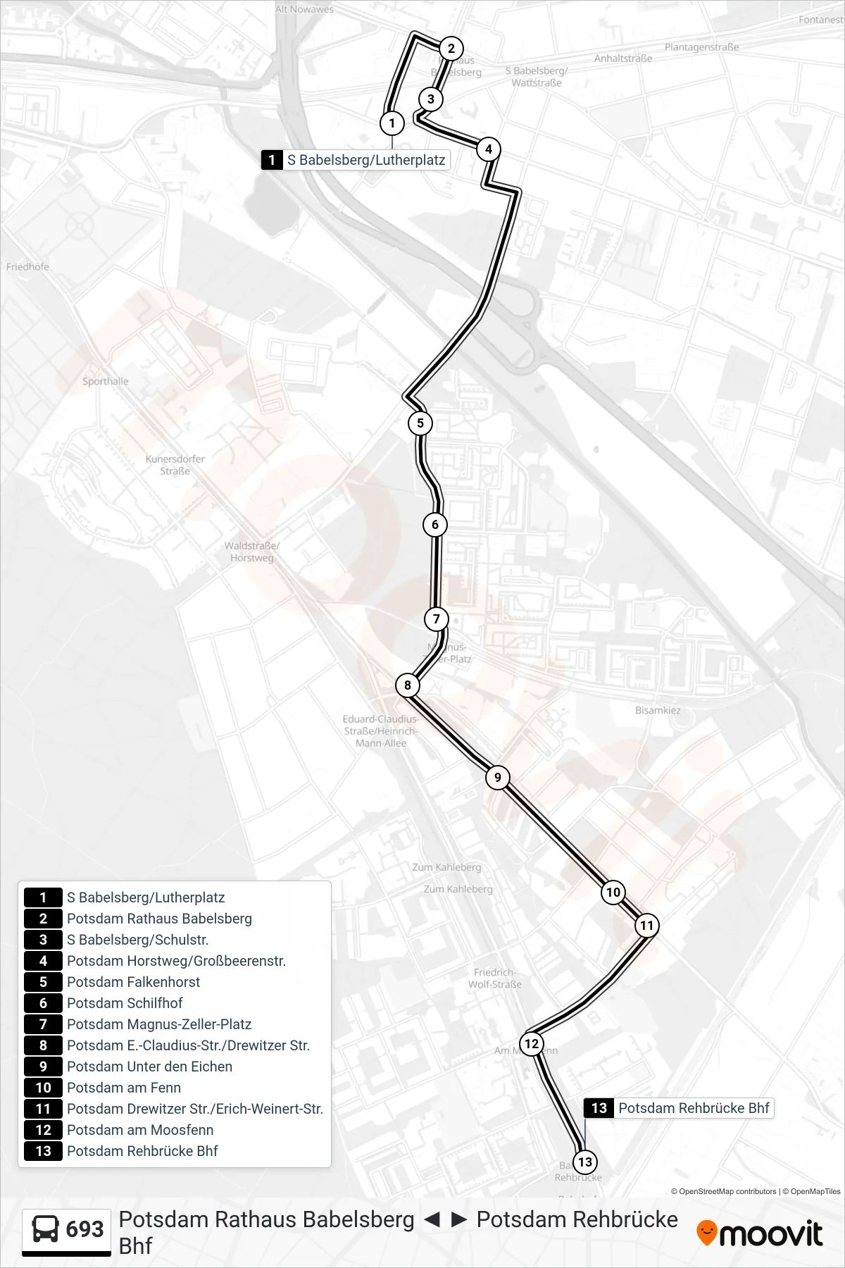 Linie 693 (Bus) Richtung Potsdam Rehbrücke Bhf: Route und Haltestellen auf der Karte