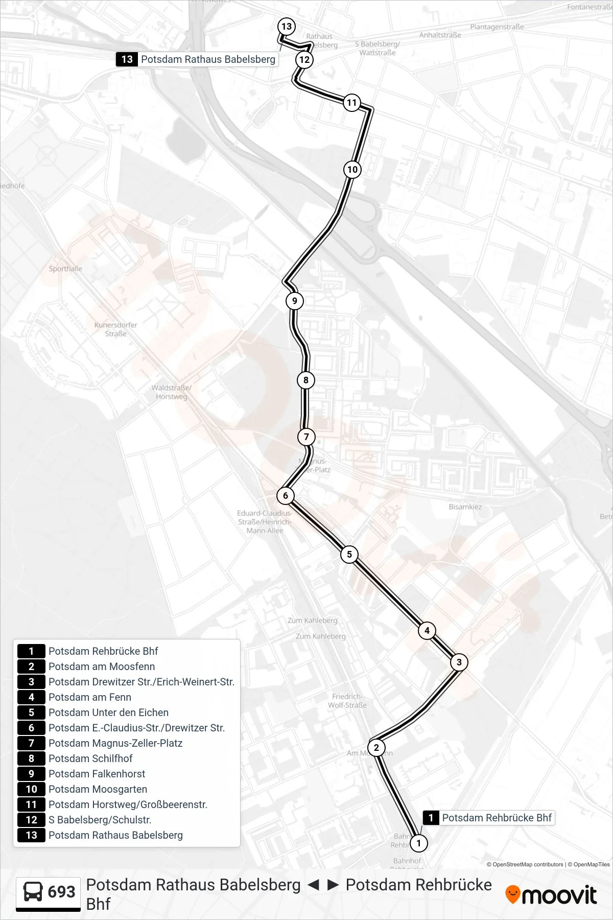 Linie 693 (Bus) Richtung Potsdam Rathaus Babelsberg: Route und Haltestellen auf der Karte