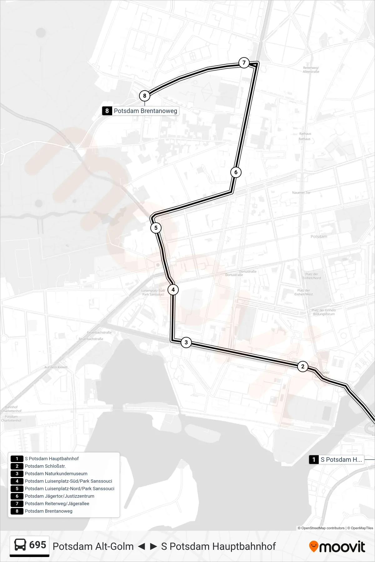 Linie 695 (Bus) Richtung Potsdam Brentanoweg: Route und Haltestellen auf der Karte