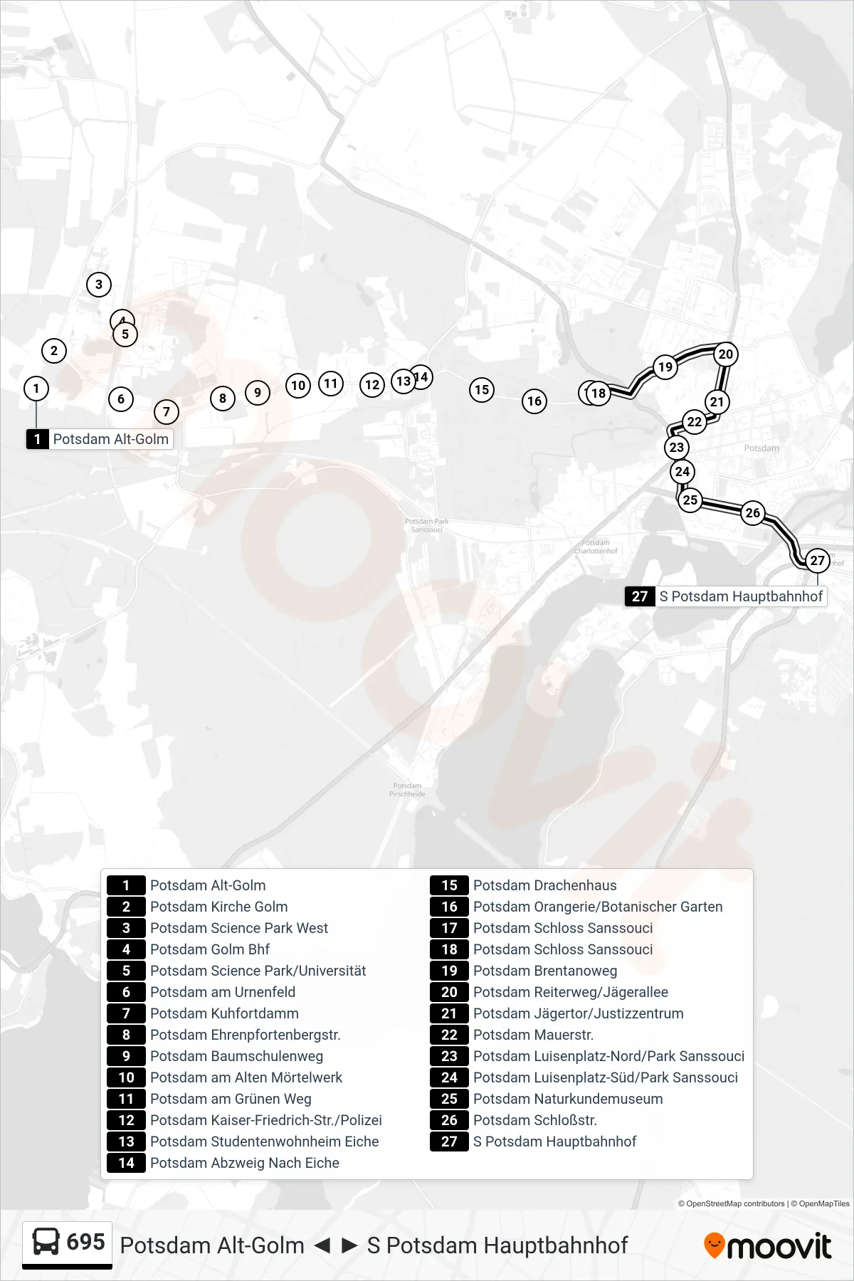 Linie 695 (Bus) Richtung S Potsdam Hauptbahnhof: Route und Haltestellen auf der Karte