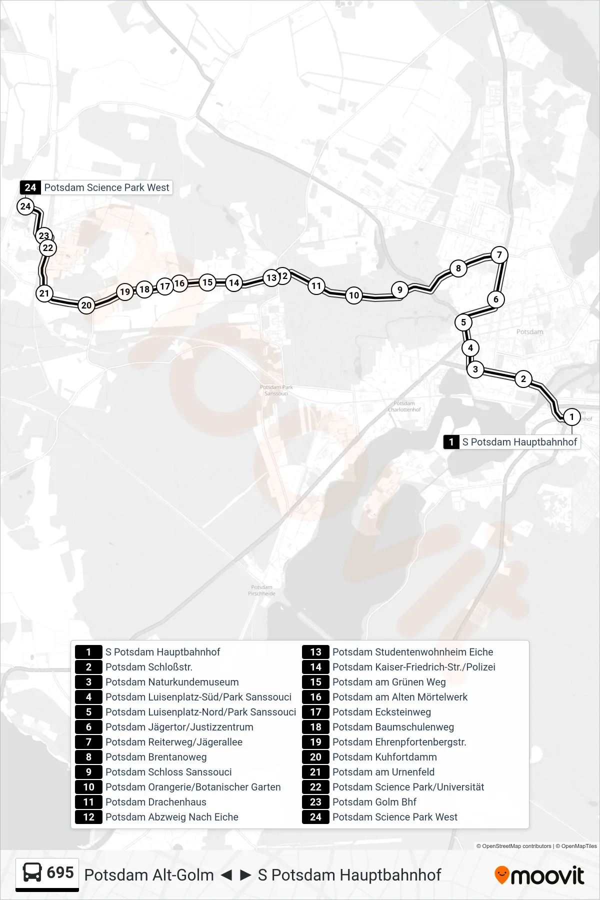 695 bus Line (Potsdam Science Park West) route and stops on a map