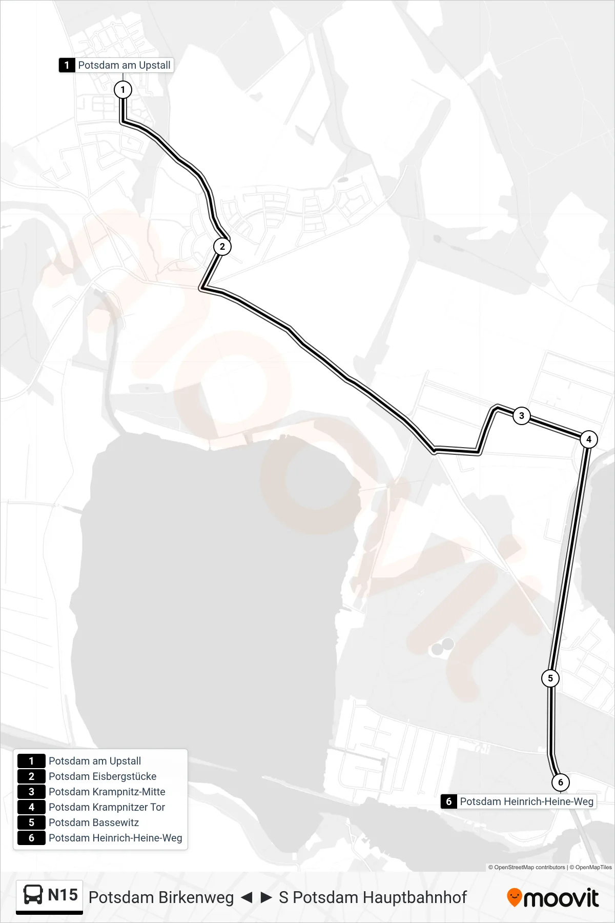 N15 bus Line (Potsdam Heinrich-Heine-Weg) route and stops on a map