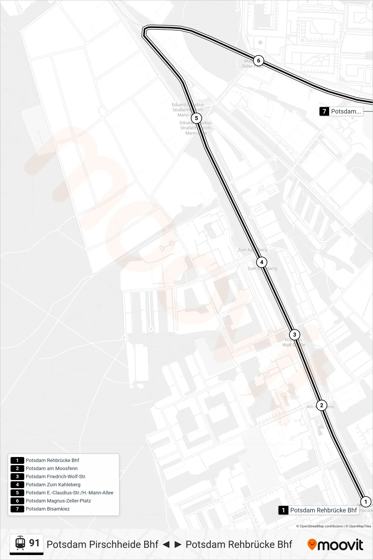 Linie 91 (Straßenbahn) Richtung Potsdam Bisamkiez: Route und Haltestellen auf der Karte