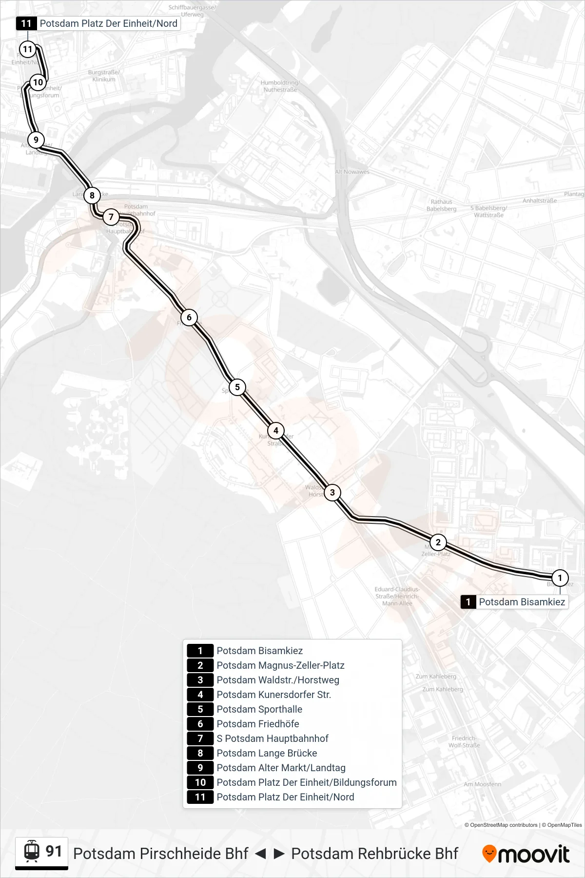 Linie 91 (Straßenbahn) Richtung Potsdam Platz Der Einheit/Nord: Route und Haltestellen auf der Karte