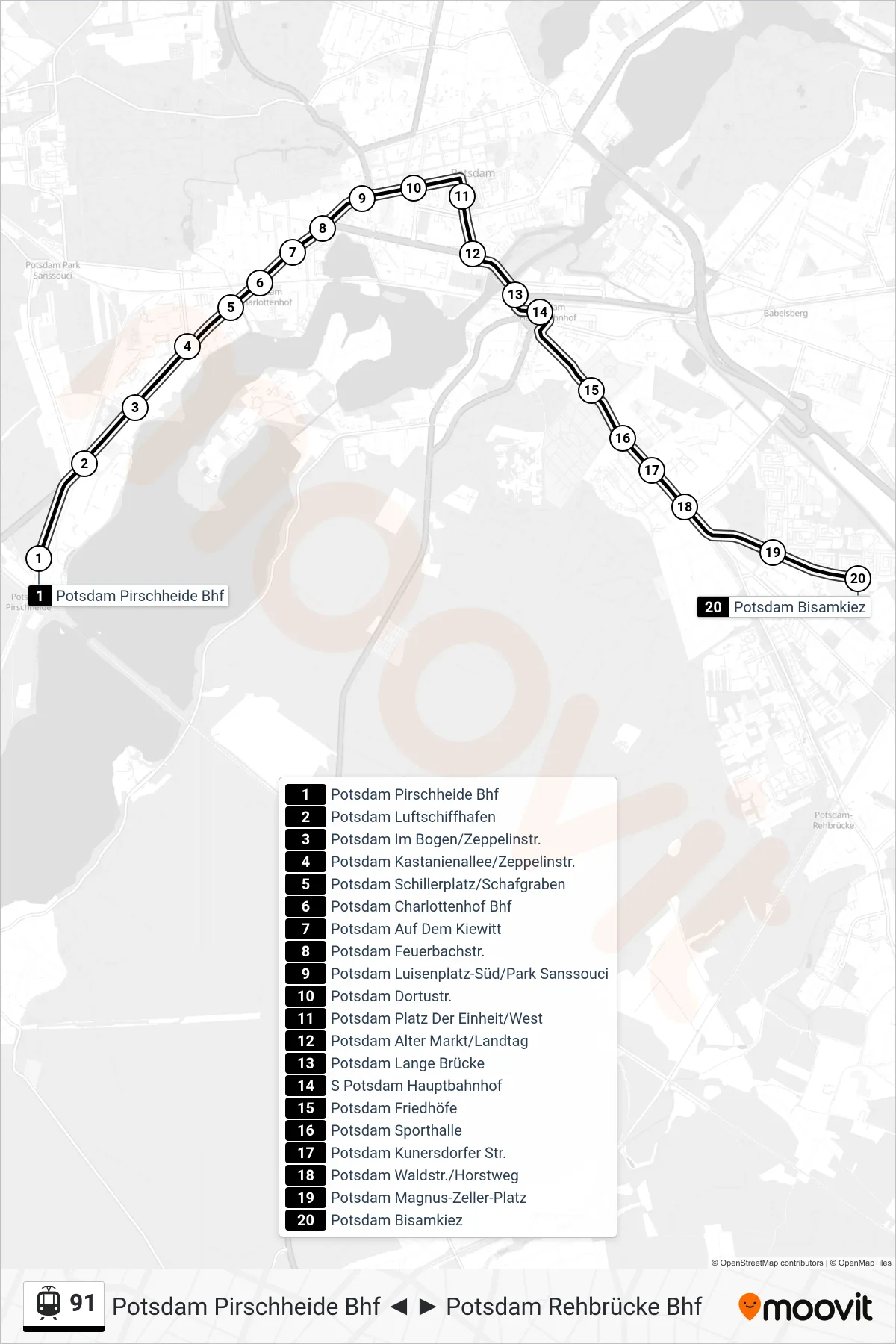 Linie 91 (Tram) Richtung Potsdam Bisamkiez: Route und Haltestellen auf der Karte