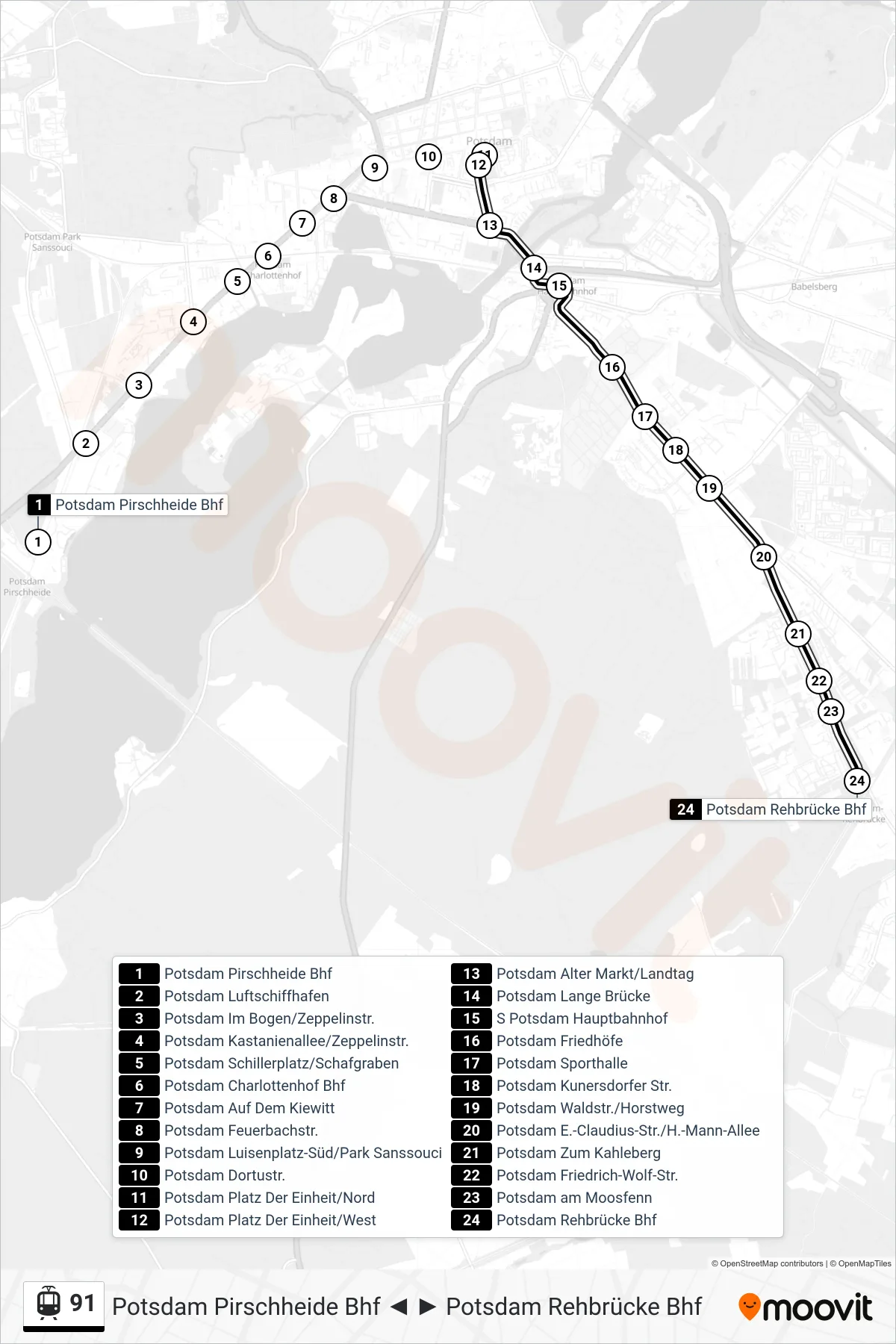 Linie 91 (Tram) Richtung Potsdam Rehbrücke Bhf: Route und Haltestellen auf der Karte