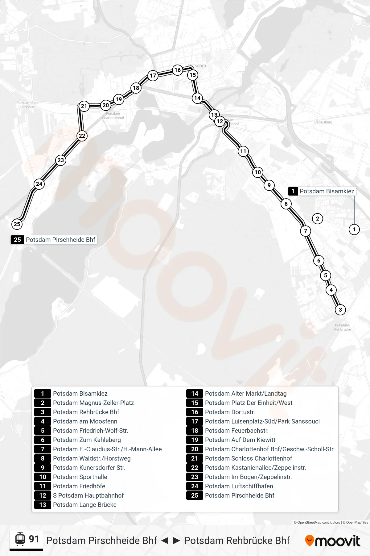 Linie 91 (Straßenbahn) Richtung Potsdam Pirschheide Bhf: Route und Haltestellen auf der Karte