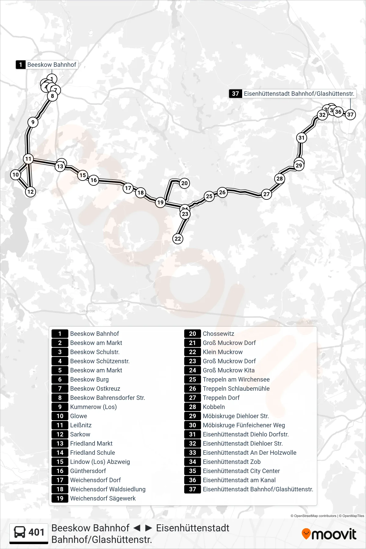 Linie 401 (Bus) Richtung Eisenhüttenstadt Bahnhof/Glashüttenstr.: Route und Haltestellen auf der Karte