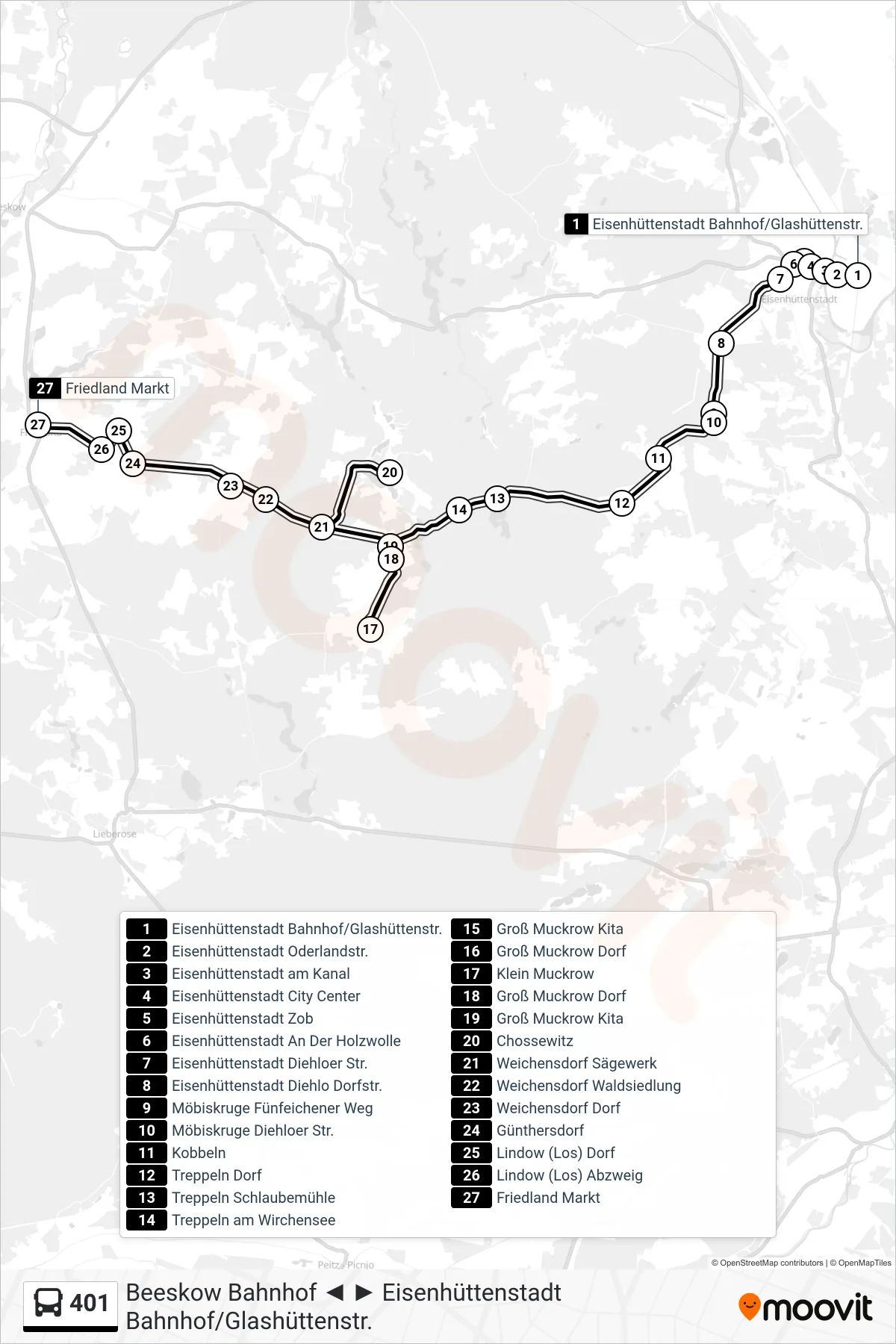401 bus Line (Friedland Markt) route and stops on a map