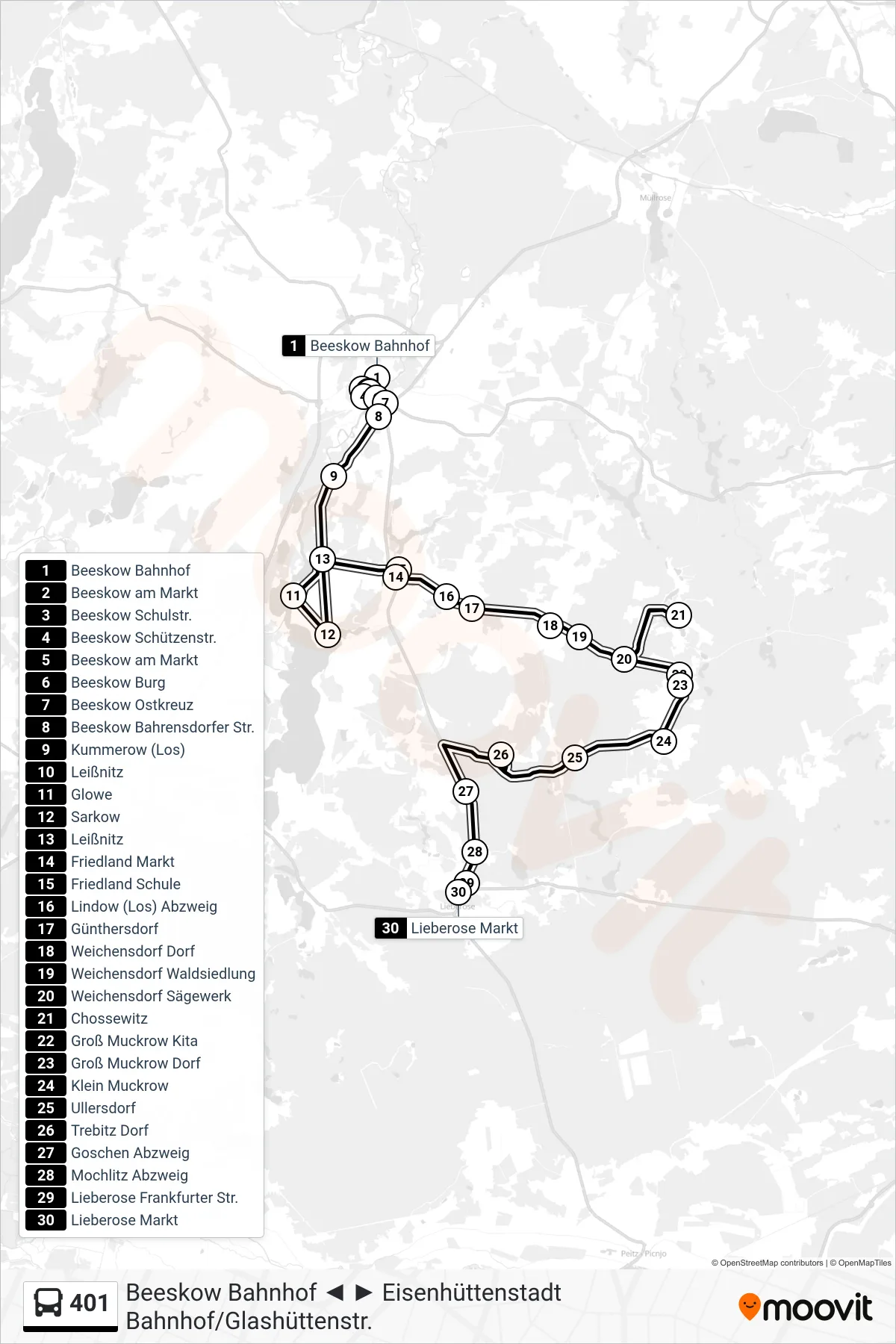 Linie 401 (Bus) Richtung Lieberose Markt: Route und Haltestellen auf der Karte