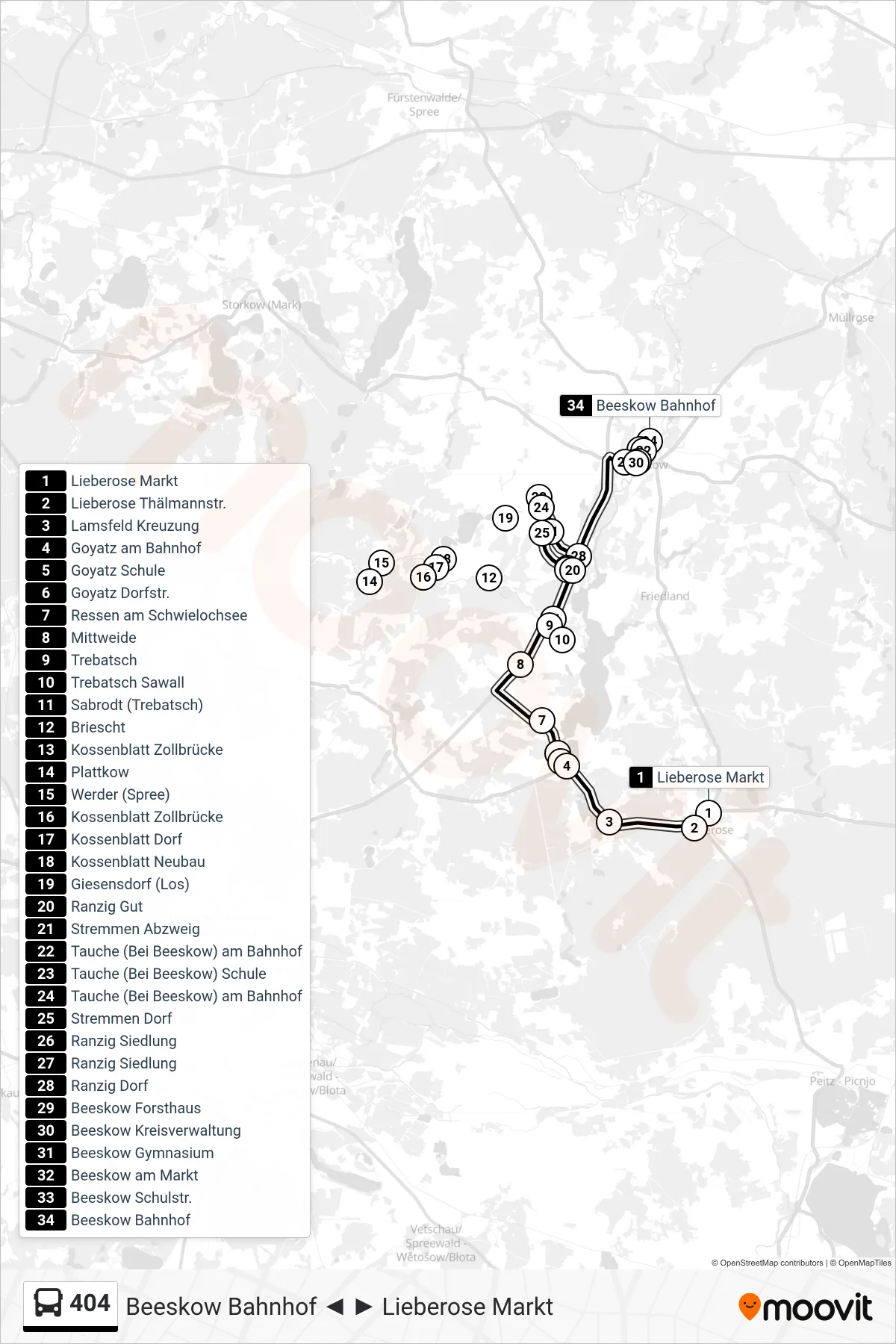 Linie 404 (Bus) Richtung Beeskow Bahnhof: Route und Haltestellen auf der Karte