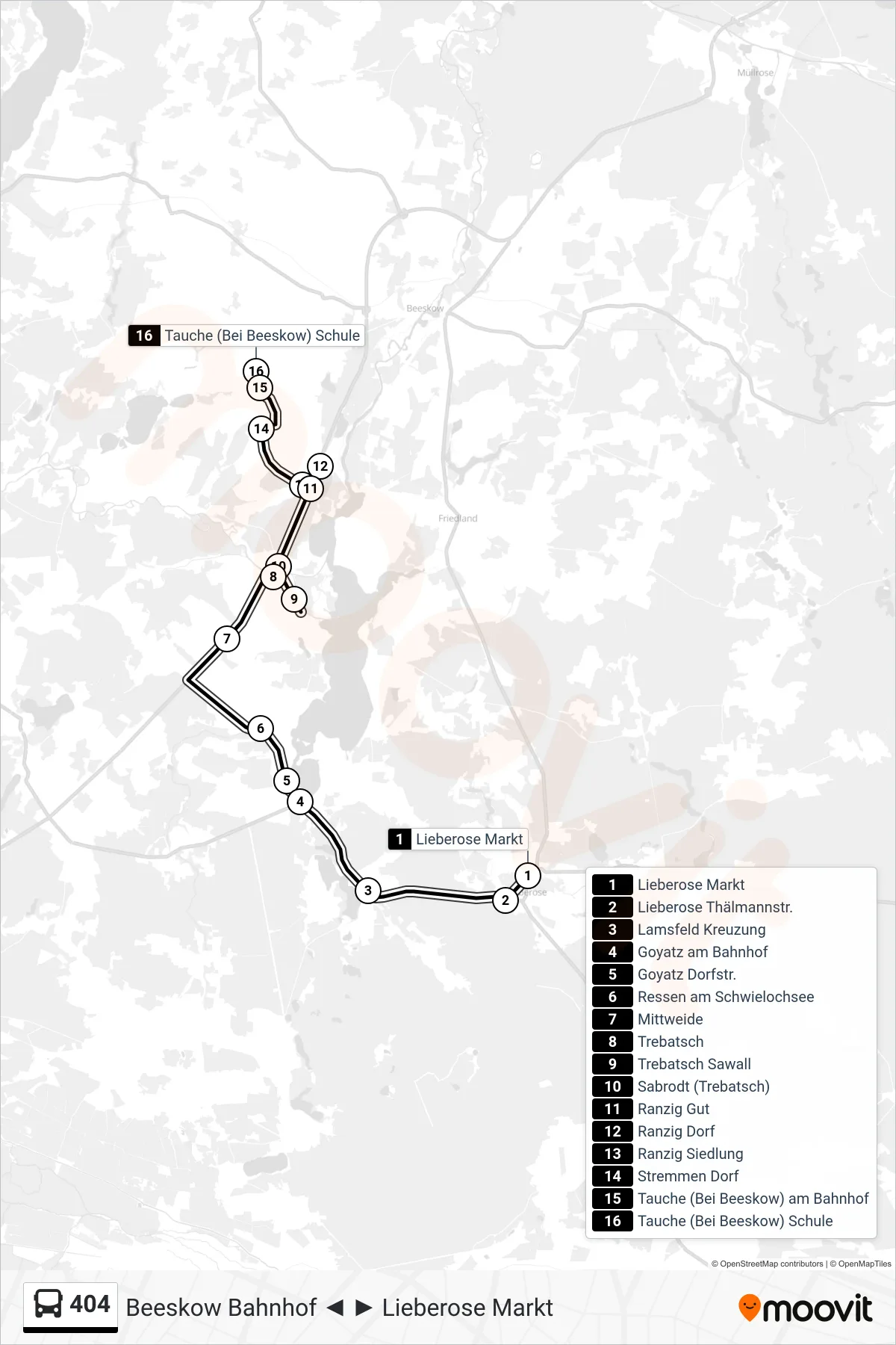 Linie 404 (Bus) Richtung Tauche (Bei Beeskow) Schule: Route und Haltestellen auf der Karte