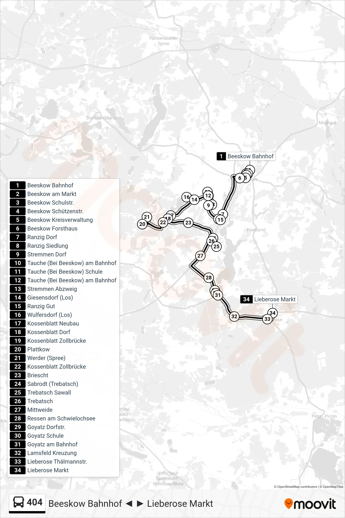 404 bus Line (Lieberose Markt) route and stops on a map