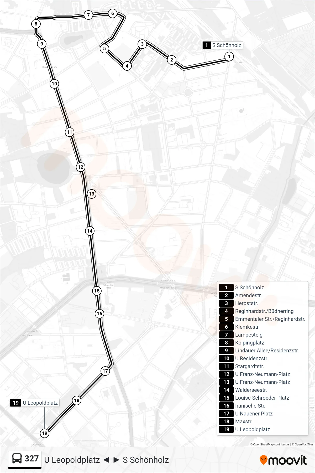 Linie 327 (Bus) Richtung U Leopoldplatz: Route und Haltestellen auf der Karte