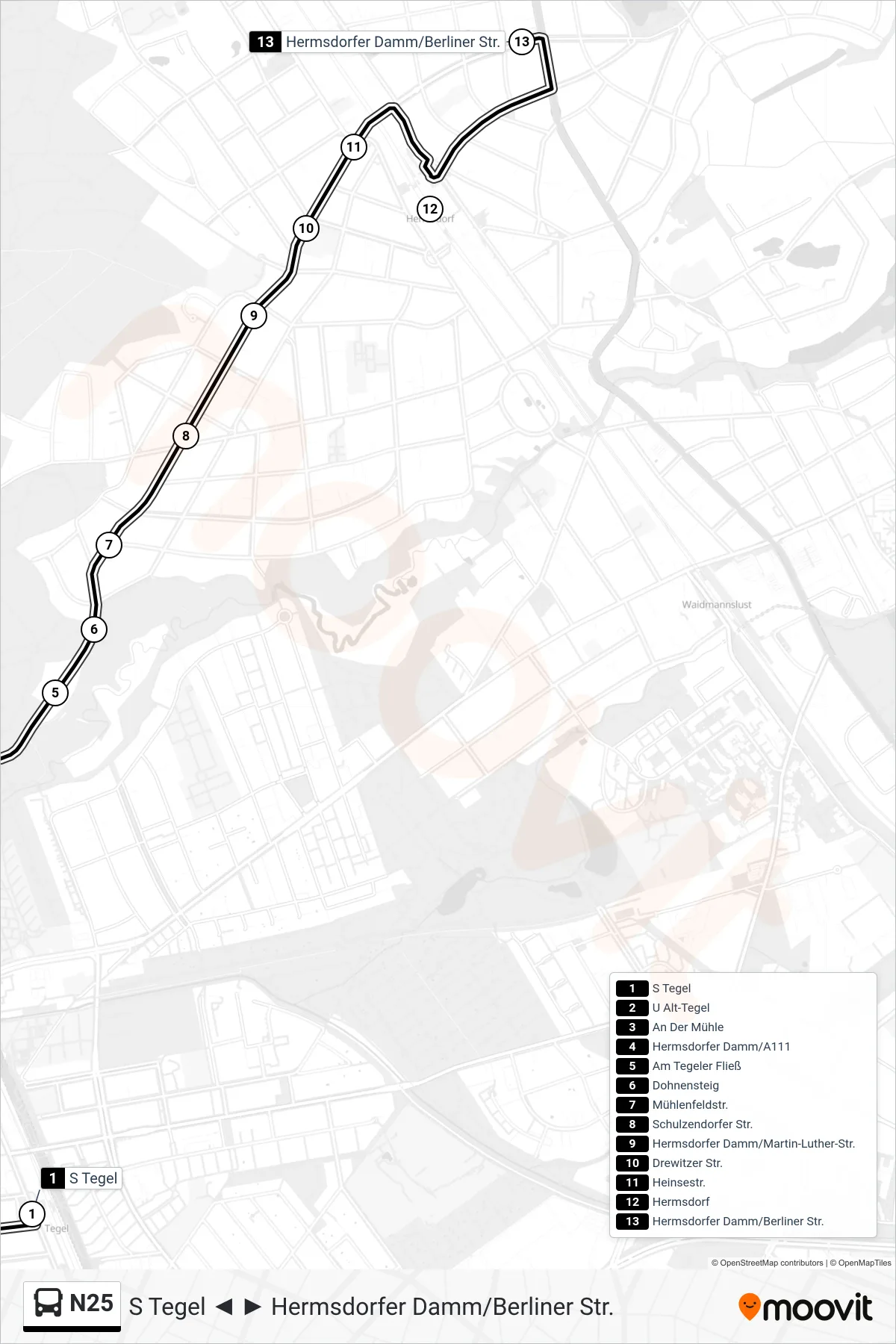 Linie N25 (Bus) Richtung Hermsdorfer Damm/Berliner Str.: Route und Haltestellen auf der Karte