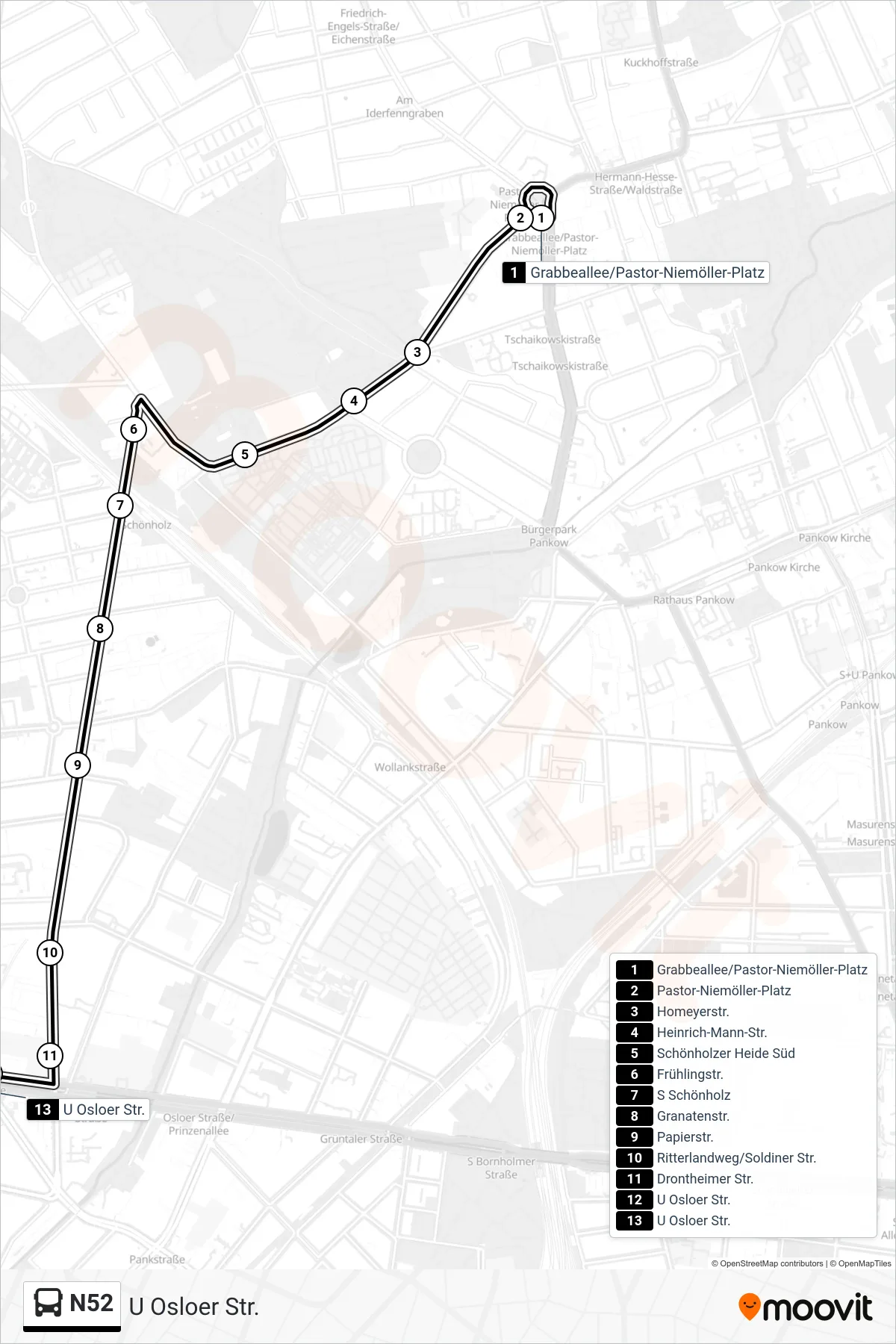 Linie N52 (Bus) Richtung U Osloer Str.: Route und Haltestellen auf der Karte