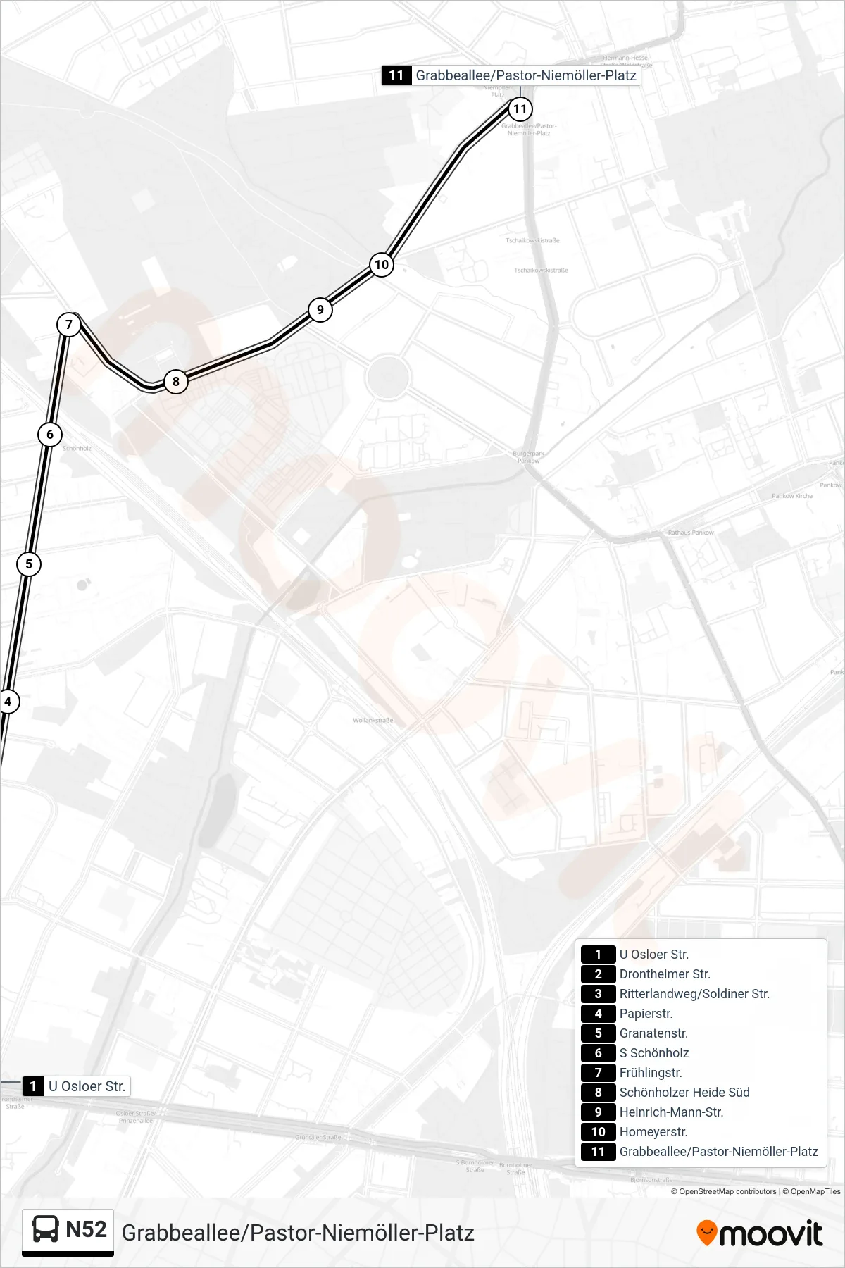 N52 bus Line (Grabbeallee/Pastor-Niemöller-Platz) route and stops on a map