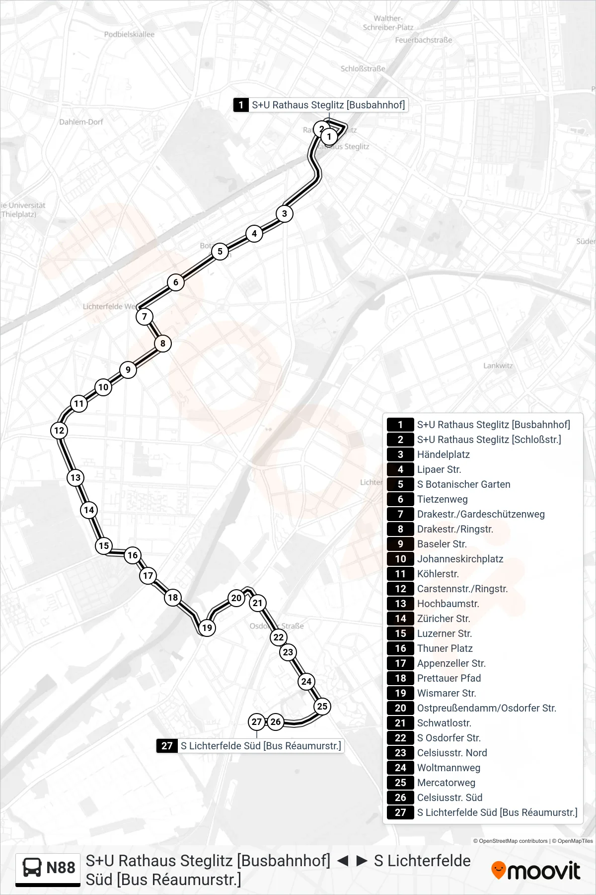 N88 bus Line (S Lichterfelde Süd [Bus Réaumurstr.]) route and stops on a map