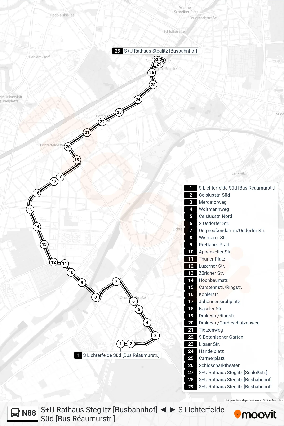 Linie N88 (Bus) Richtung S+U Rathaus Steglitz [Busbahnhof]: Route und Haltestellen auf der Karte