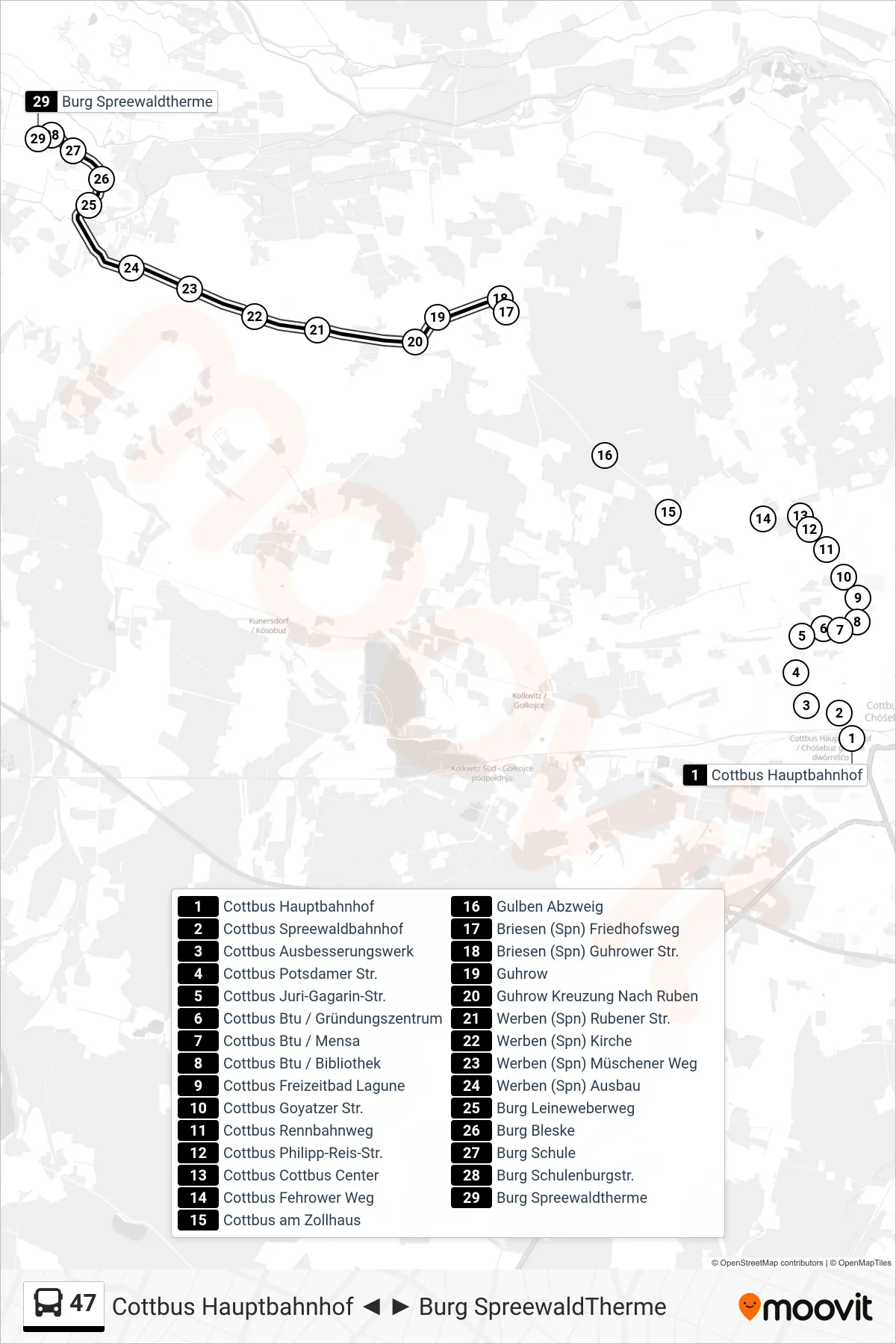 Linie 47 (Bus) Richtung Burg Spreewaldtherme: Route und Haltestellen auf der Karte