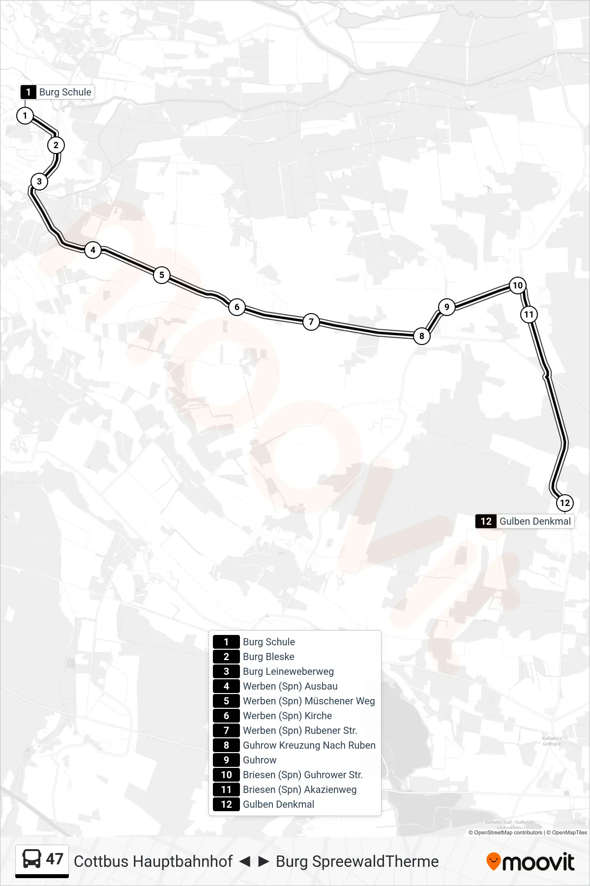 47 bus Line (Gulben Denkmal) route and stops on a map