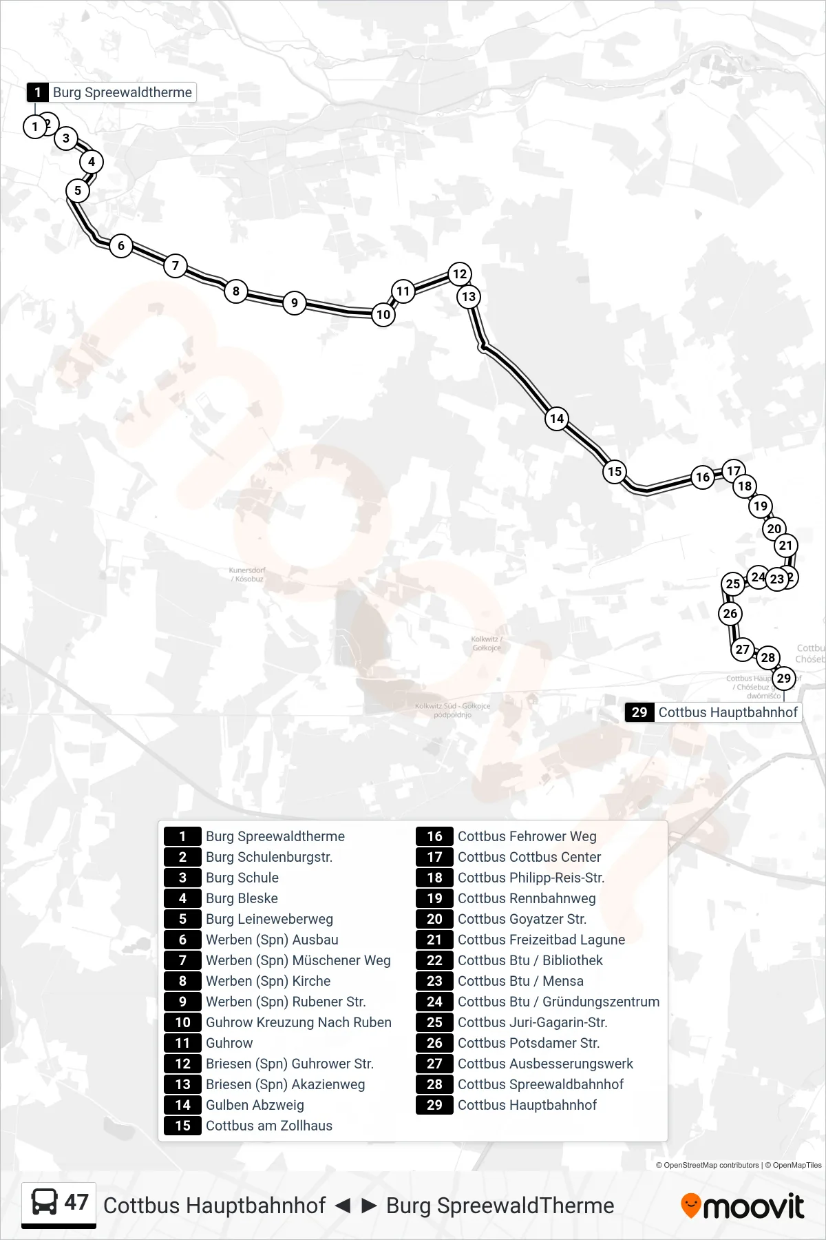 47 bus Line (Cottbus Hauptbahnhof) route and stops on a map