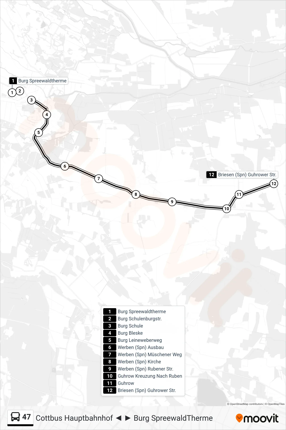 Linie 47 (Bus) Richtung Briesen (Spn) Guhrower Str.: Route und Haltestellen auf der Karte
