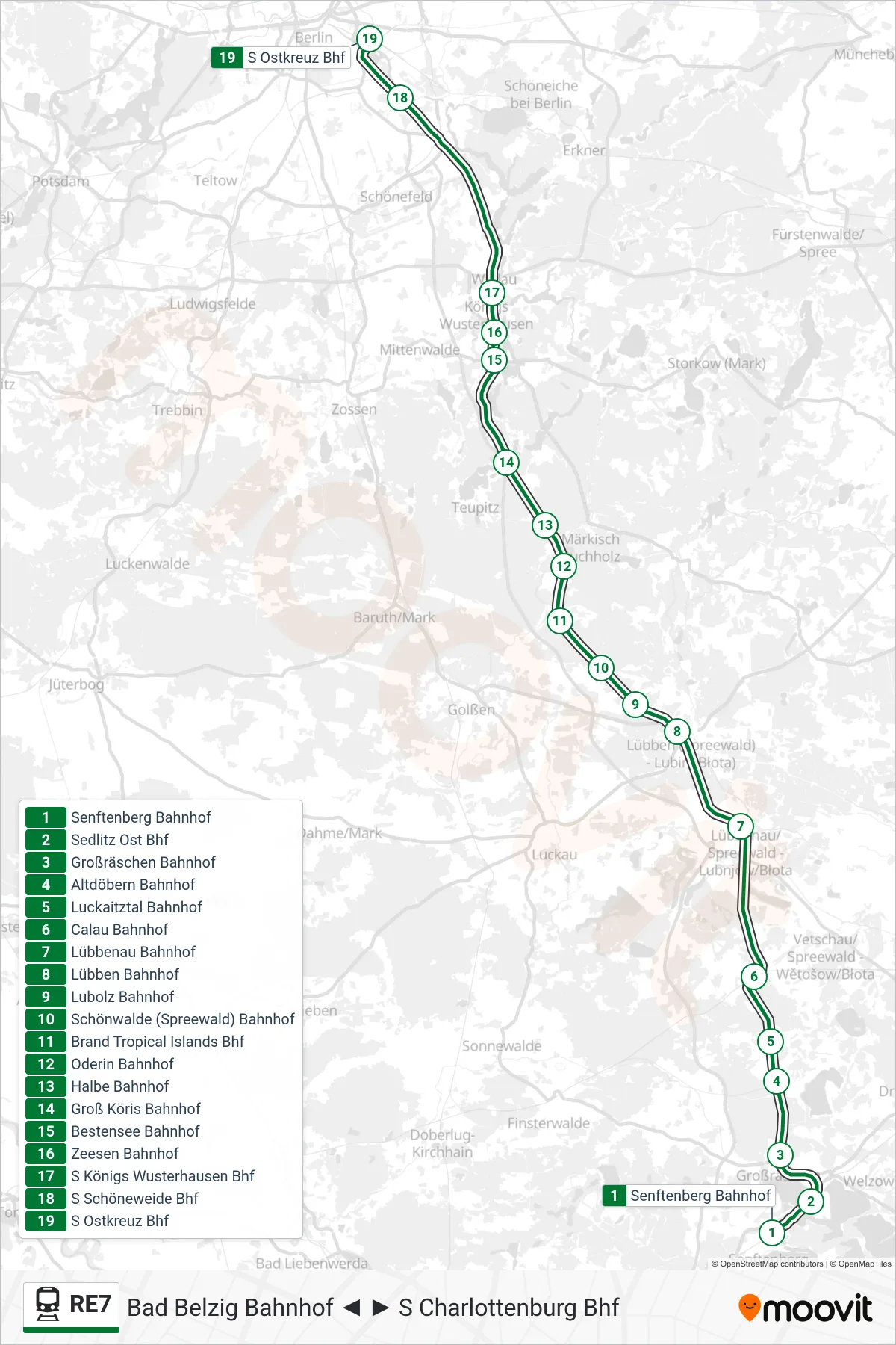 RE7 train Line (S Ostkreuz Bhf) route and stops on a map