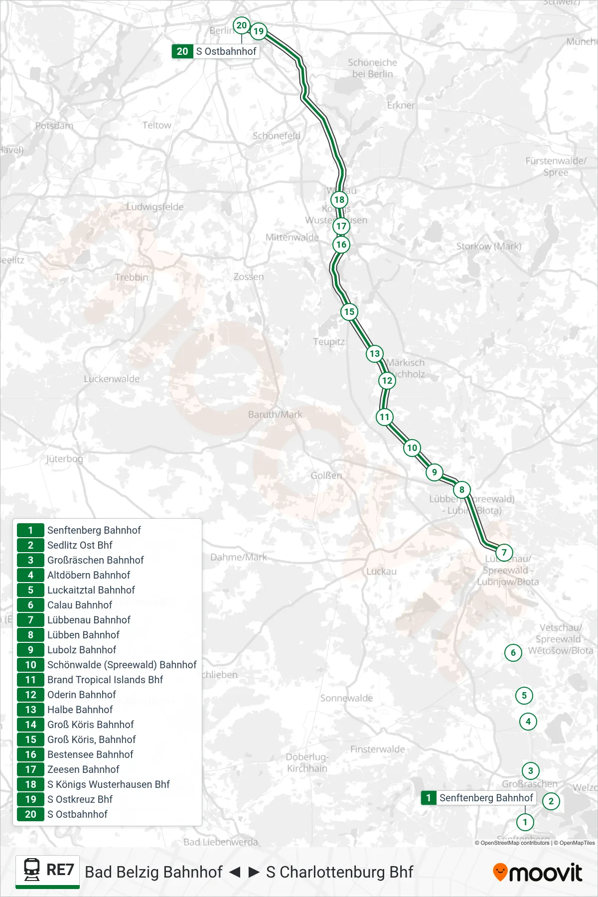 RE7 train Line (S Ostbahnhof) route and stops on a map