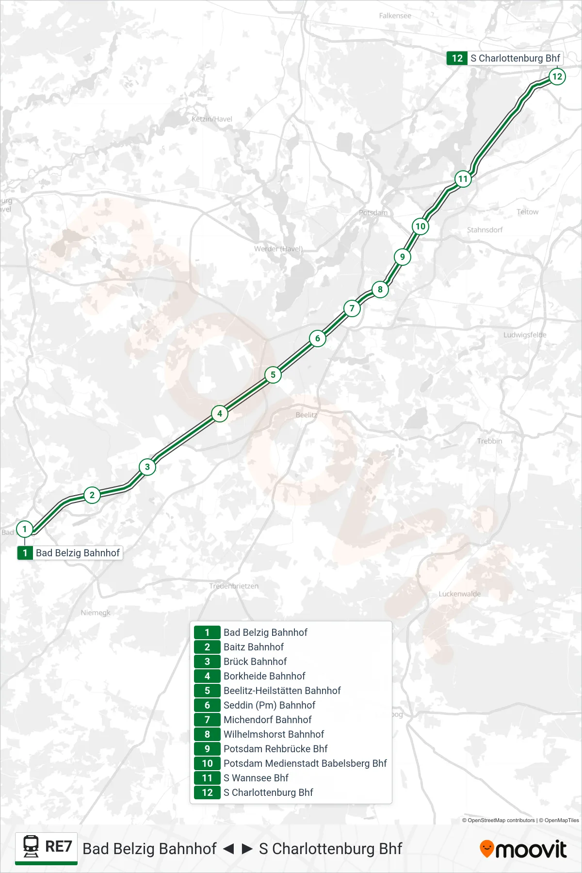 Linie RE7 (Bahn) Richtung S Charlottenburg Bhf: Route und Haltestellen auf der Karte