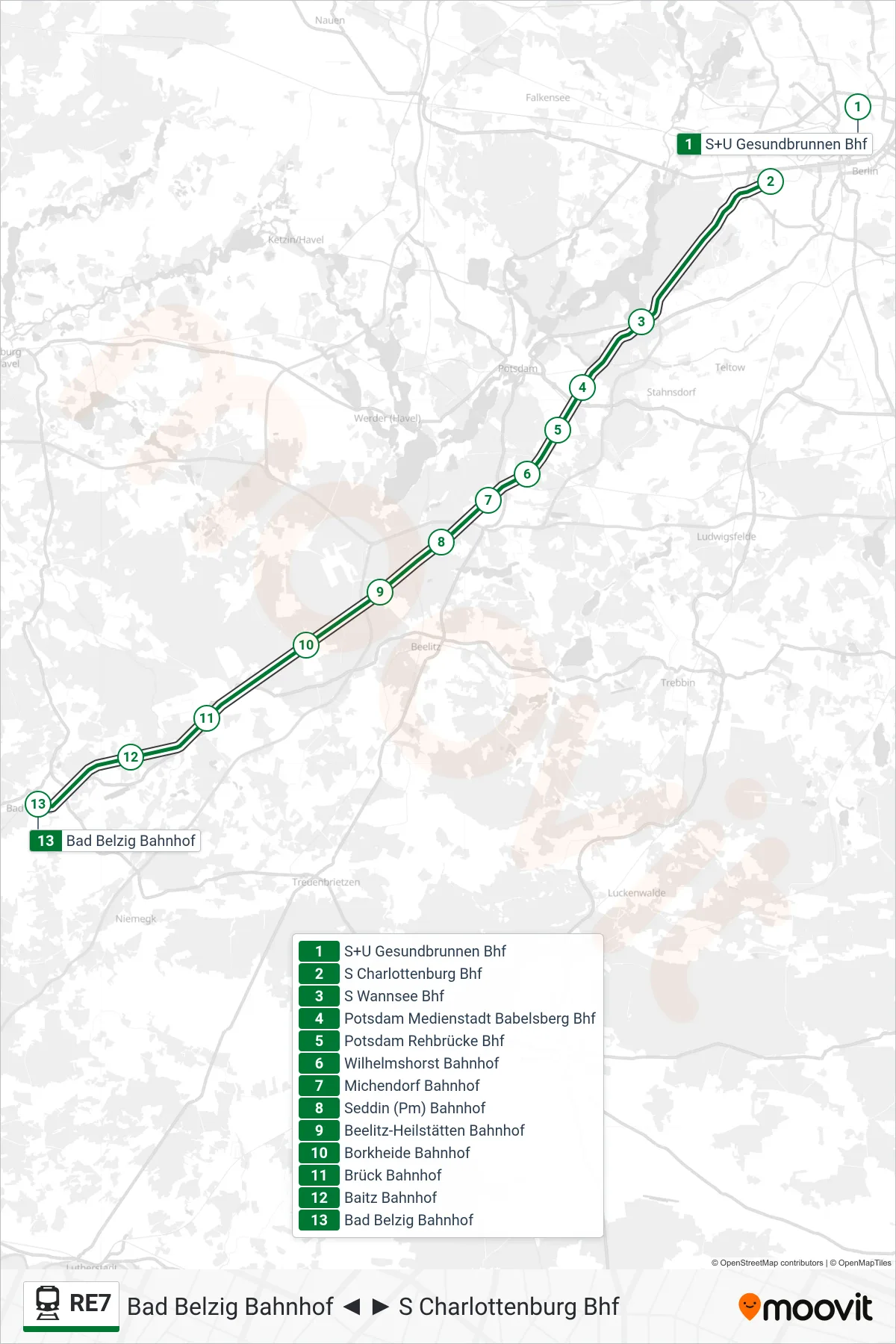 RE7 rail Line (Bad Belzig Bahnhof) route and stops on a map
