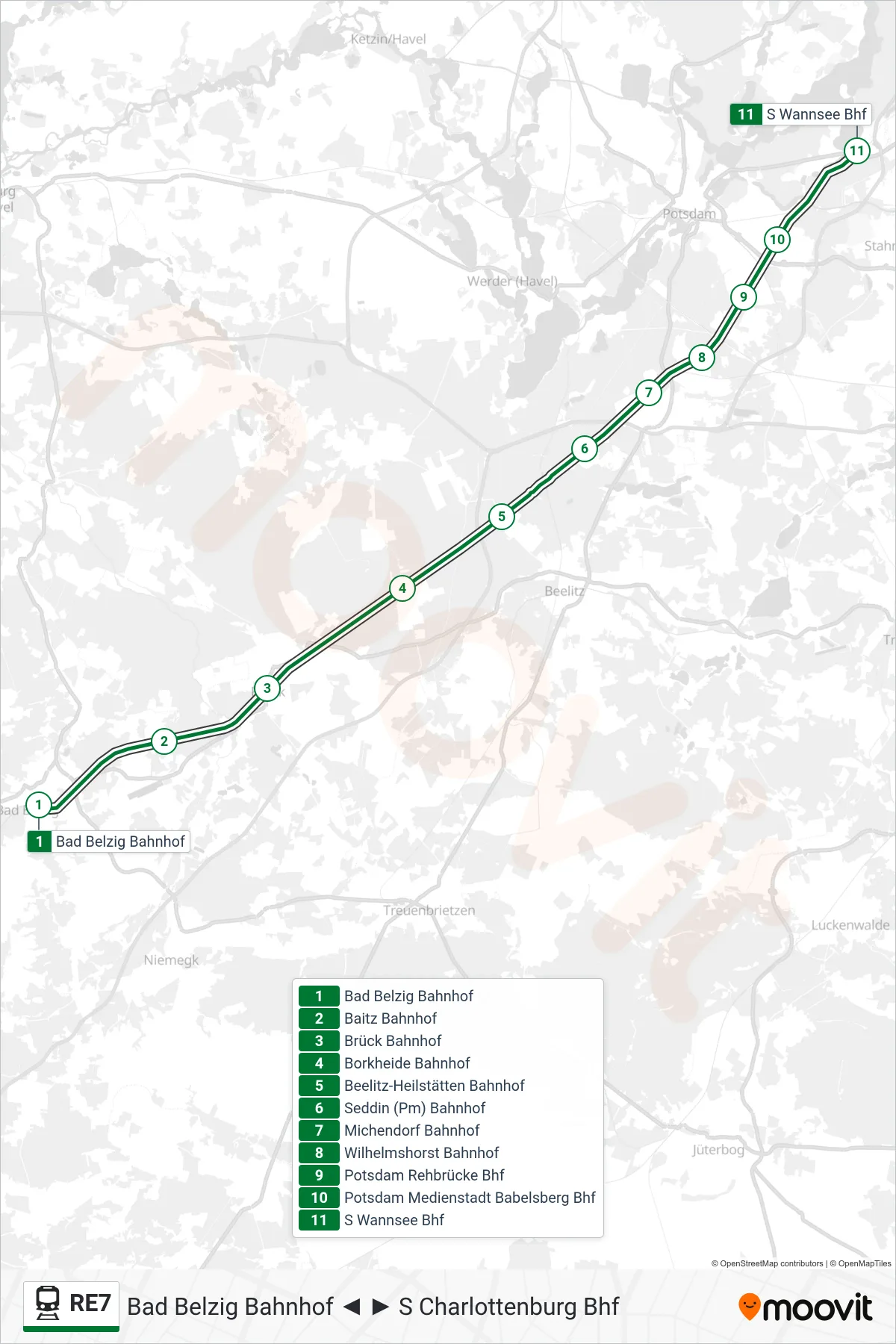 Linie RE7 (Bahn) Richtung S Wannsee Bhf: Route und Haltestellen auf der Karte