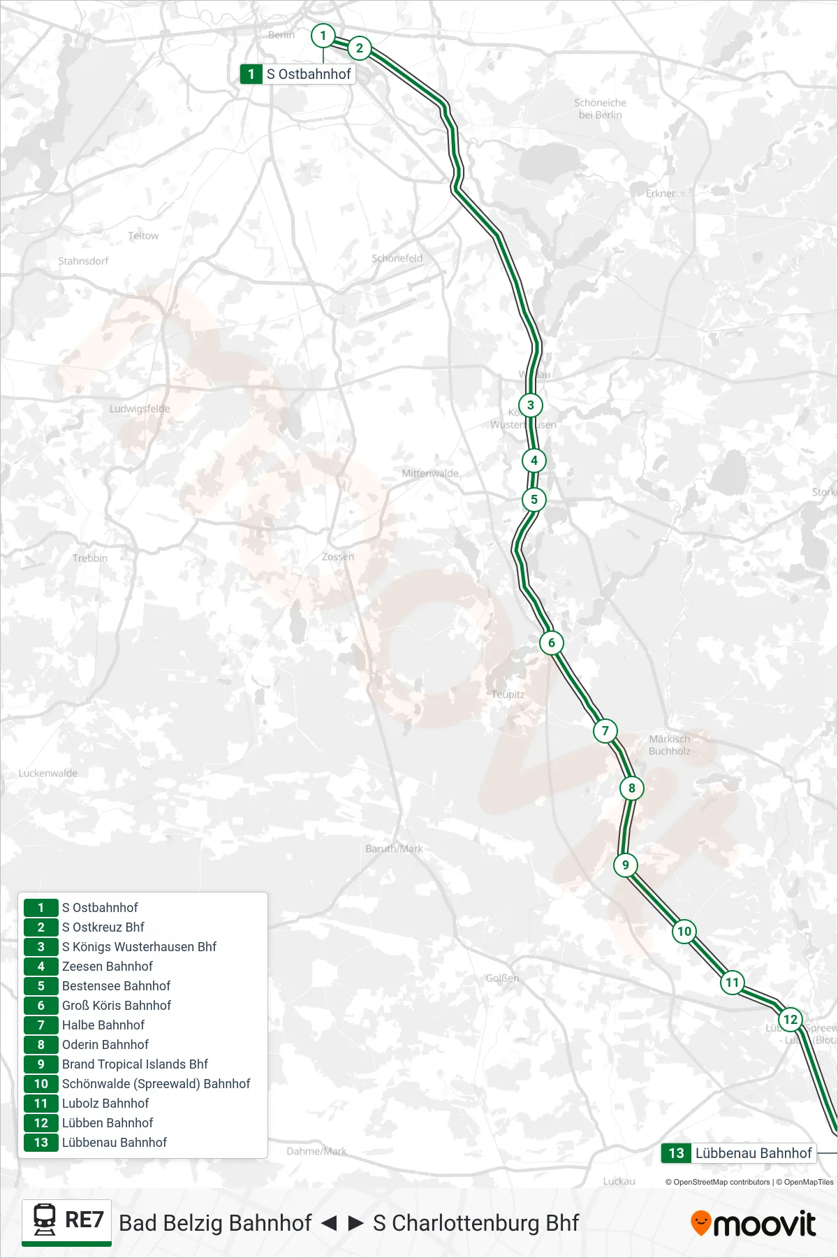 RE7 train Line (Lübbenau Bahnhof) route and stops on a map