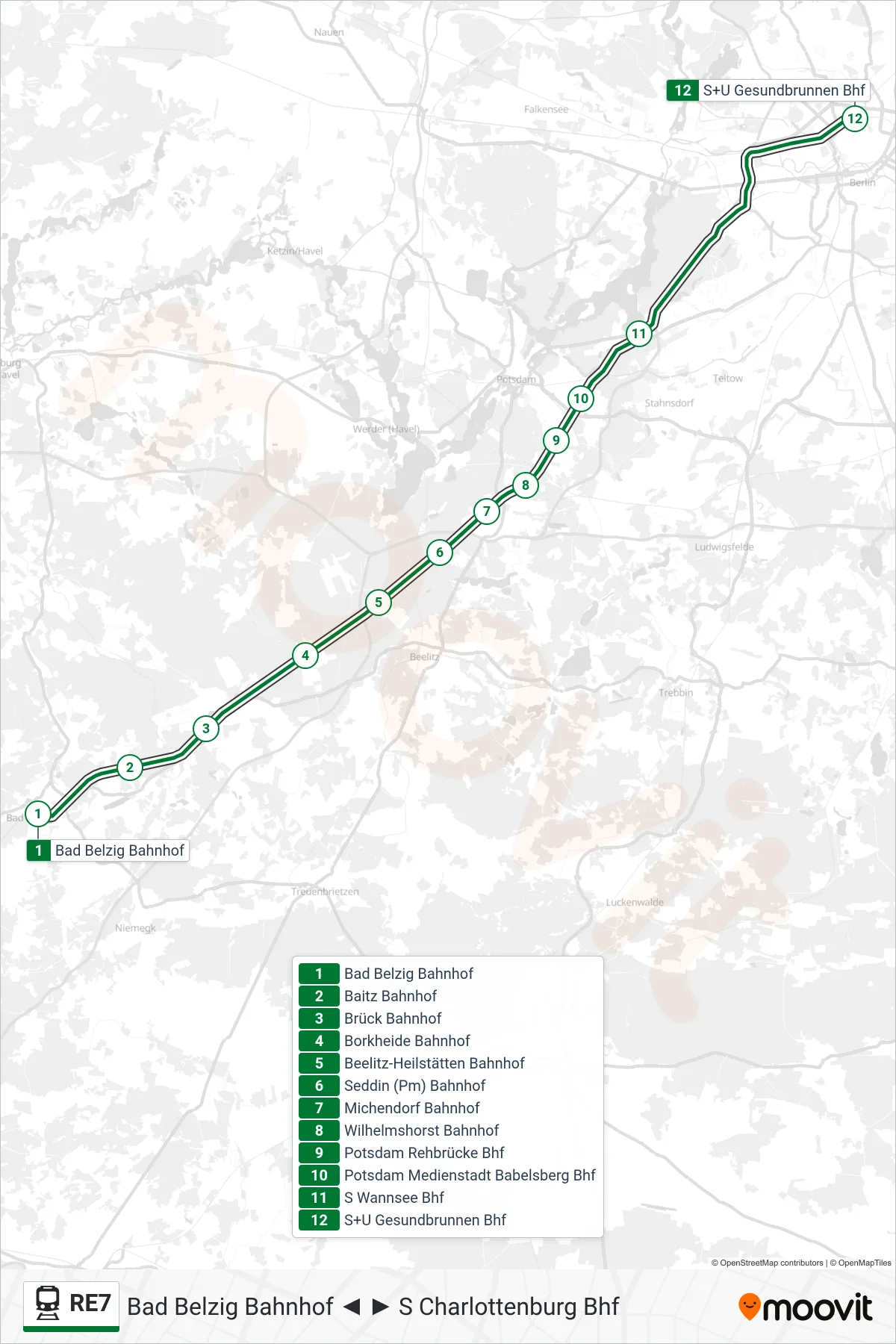 Linie RE7 (Bahn) Richtung S+U Gesundbrunnen Bhf: Route und Haltestellen auf der Karte