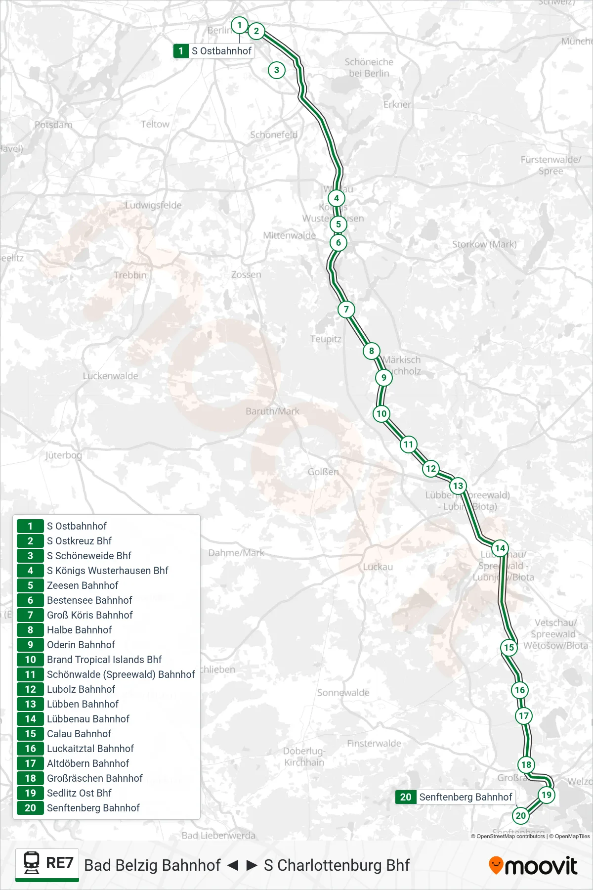 RE7 train Line (Senftenberg Bahnhof) route and stops on a map