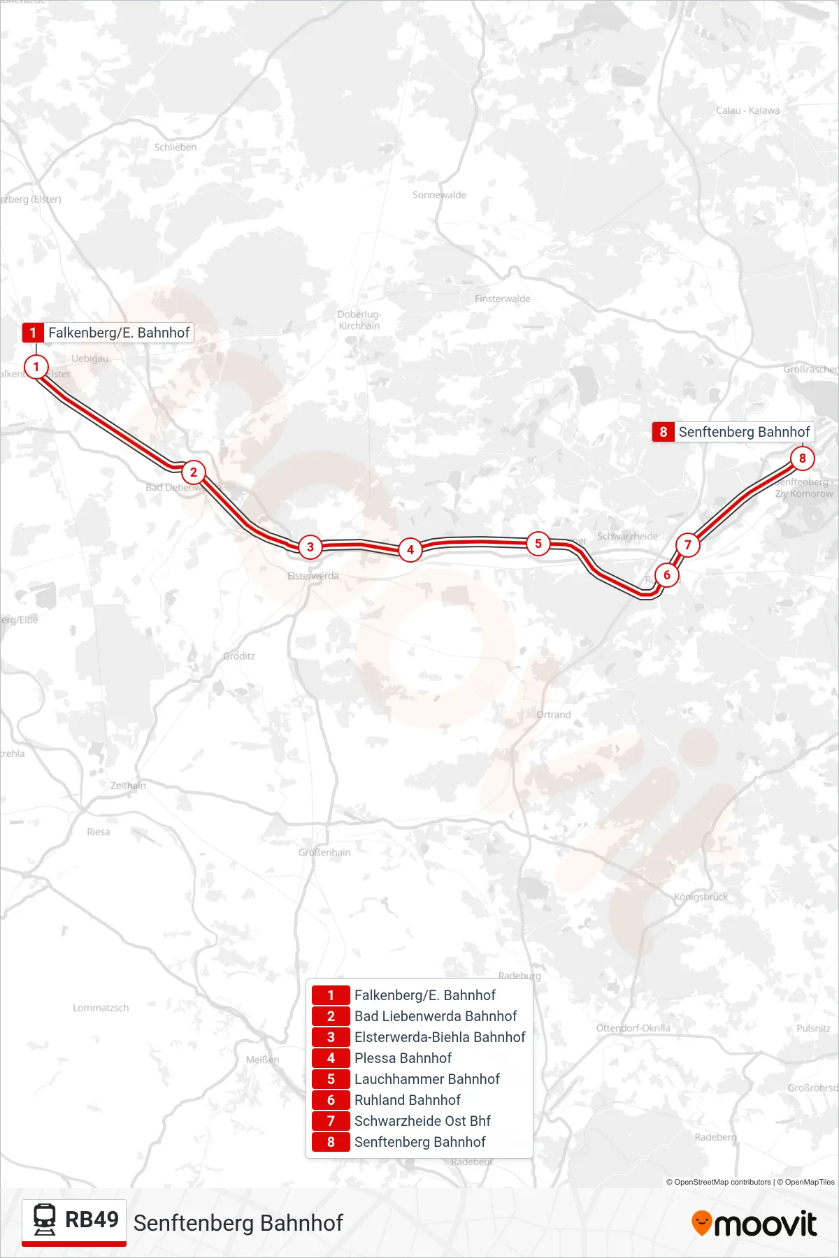 Linie RB49 (Bahn) Richtung Senftenberg Bahnhof: Route und Haltestellen auf der Karte