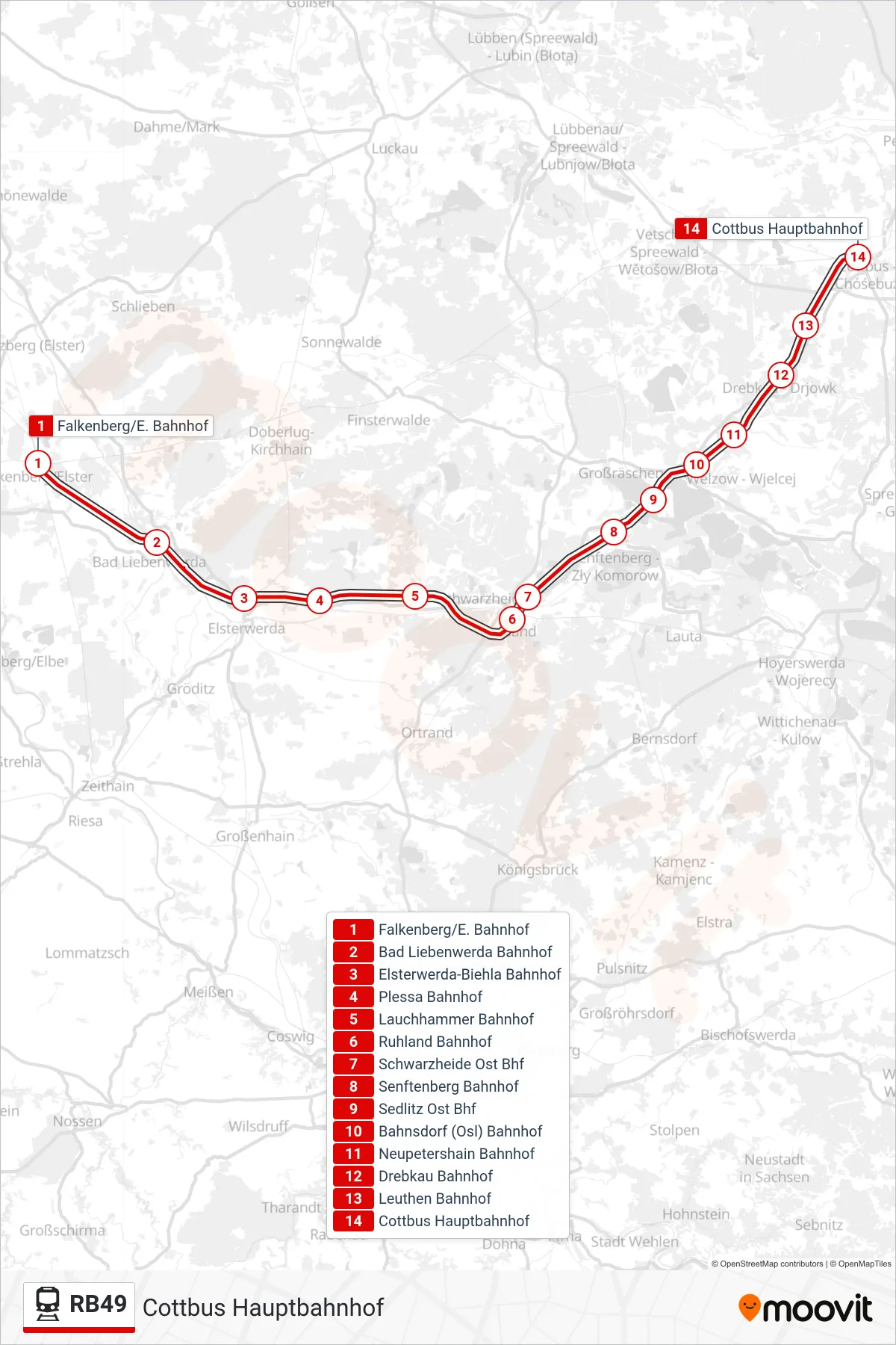 Linie RB49 (Bahn) Richtung Cottbus Hauptbahnhof: Route und Haltestellen auf der Karte