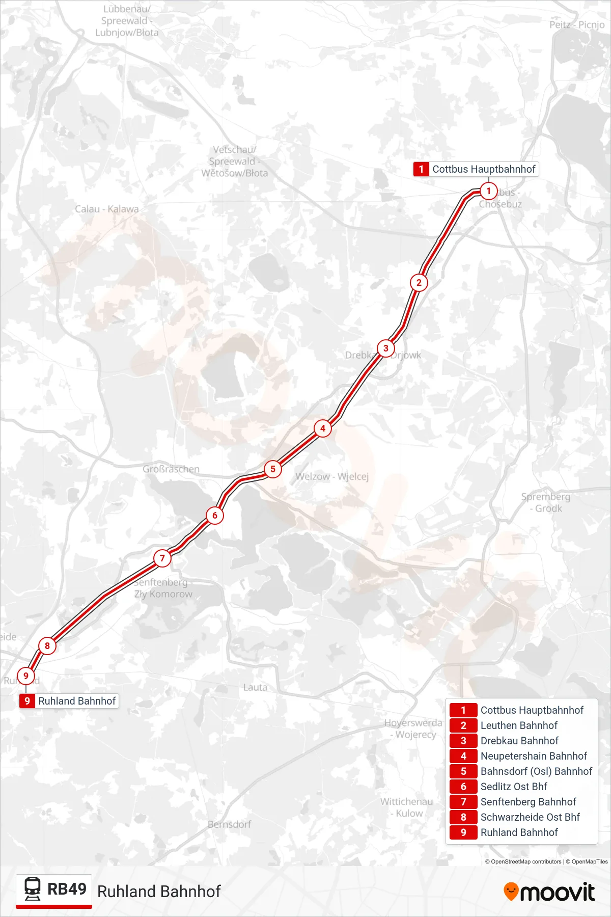 Linie RB49 (Bahn) Richtung Ruhland Bahnhof: Route und Haltestellen auf der Karte