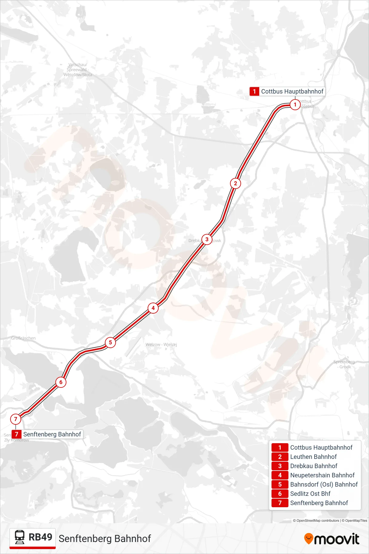 Linie RB49 (Bahn) Richtung Senftenberg Bahnhof: Route und Haltestellen auf der Karte