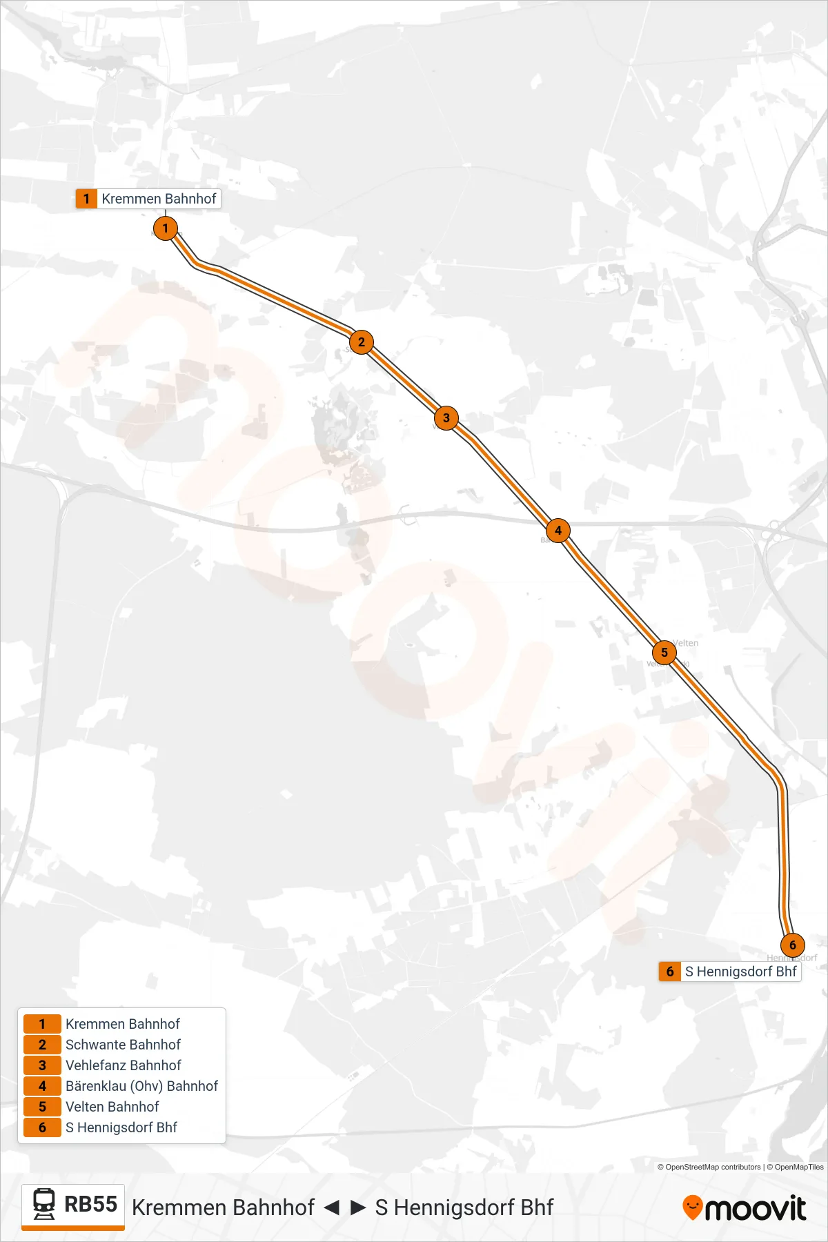 Linie RB55 (Bahn) Richtung S Hennigsdorf Bhf: Route und Haltestellen auf der Karte