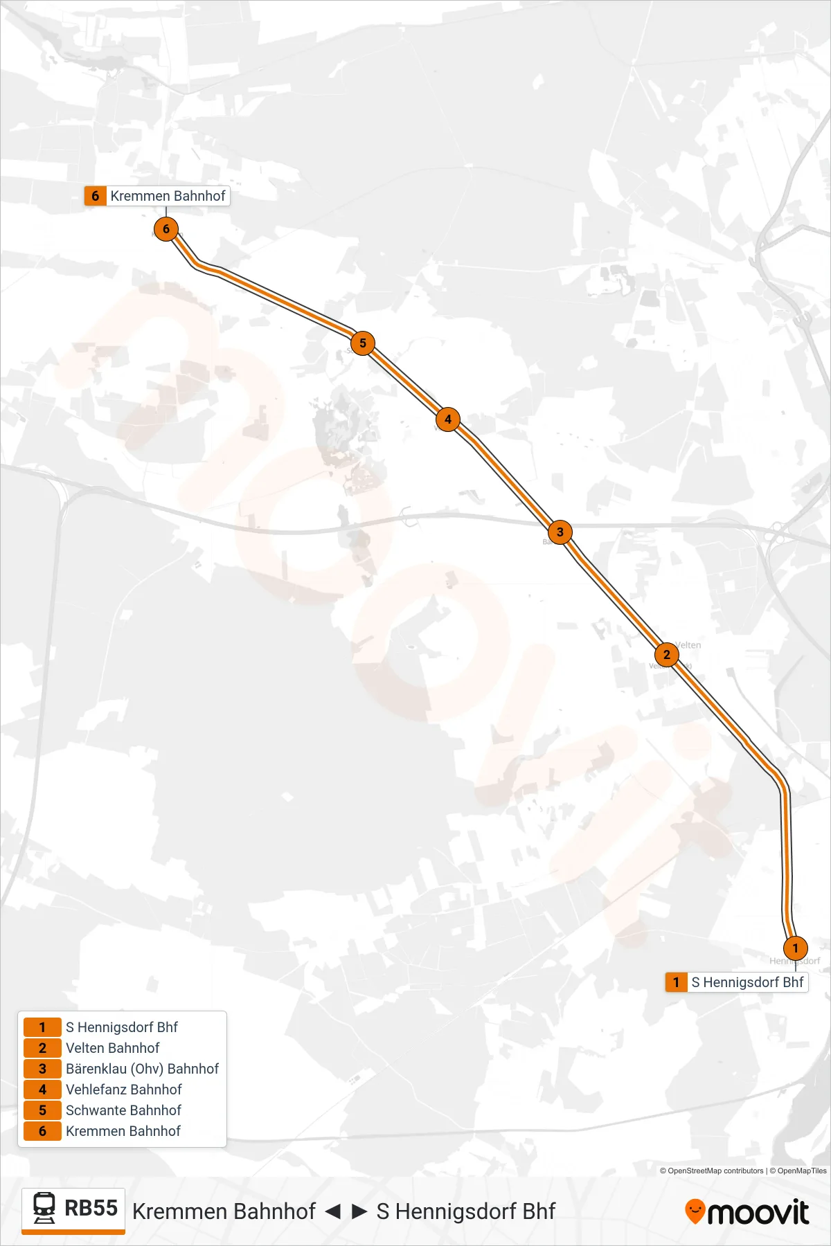 Linie RB55 (Bahn) Richtung Kremmen Bahnhof: Route und Haltestellen auf der Karte
