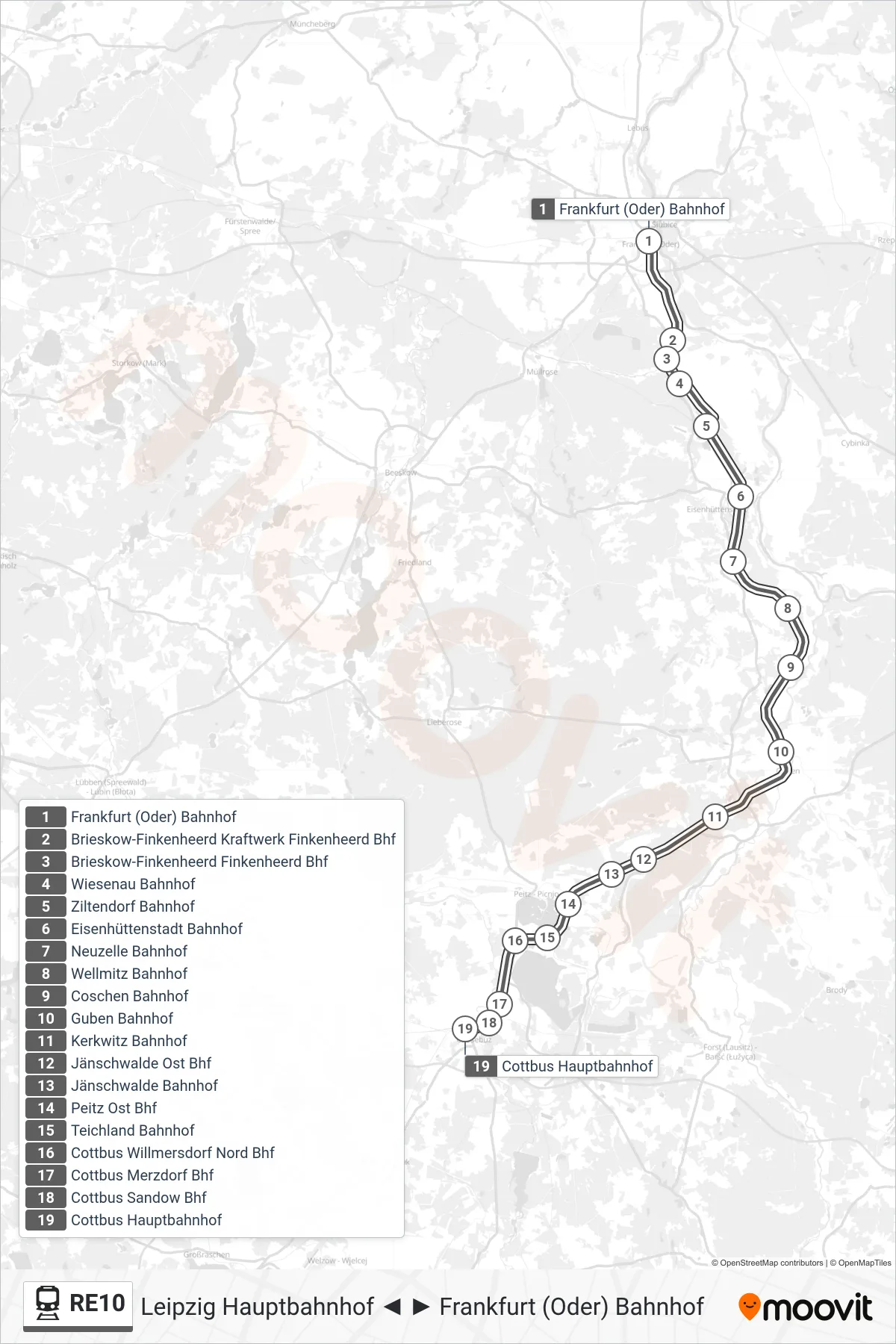 Linie RE10 (Bahn) Richtung Cottbus Hauptbahnhof: Route und Haltestellen auf der Karte