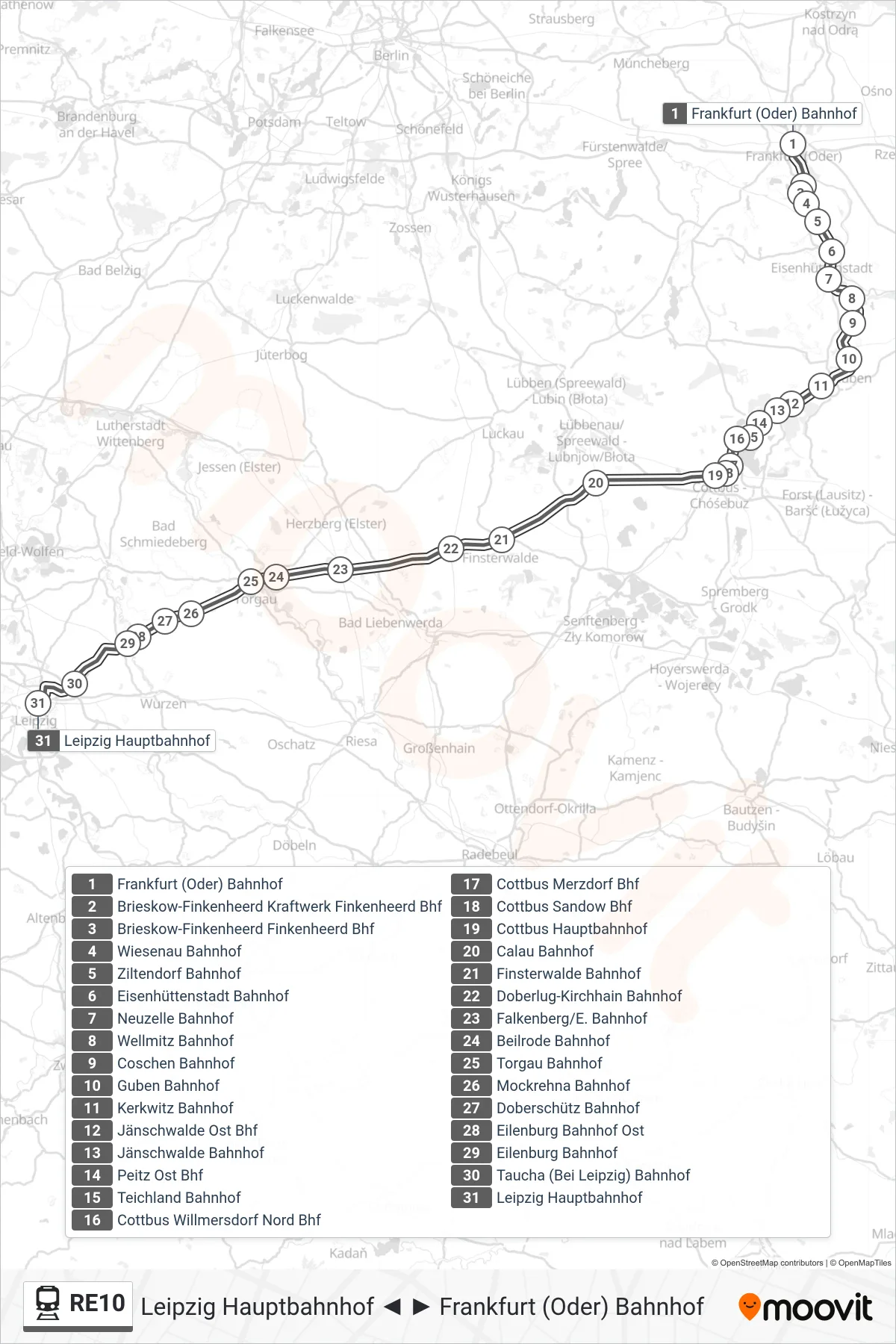Linie RE10 (Bahn) Richtung Leipzig Hauptbahnhof: Route und Haltestellen auf der Karte